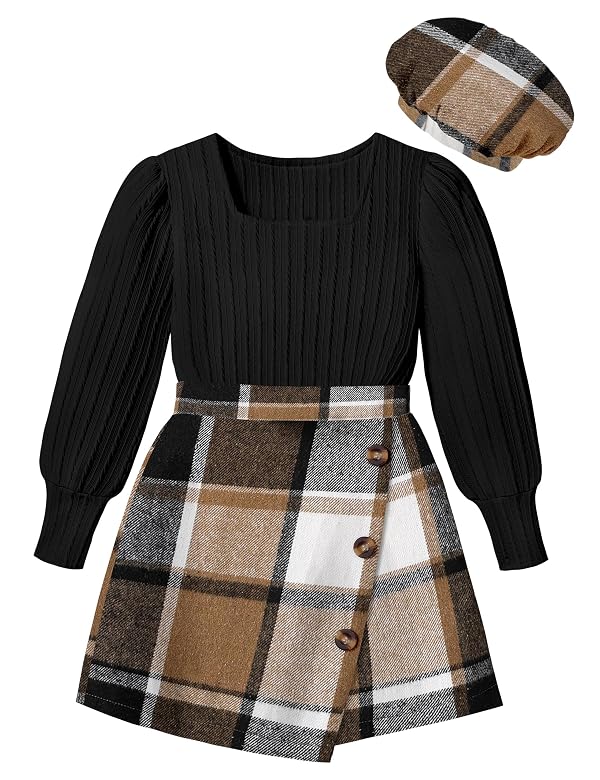 AGAPENG Girls Clothes Size 12-14 Girls Outfits Skirts Square Neck Black Jacquard Puff Long Sleeve Tops Brown Plaid Mini Skirt Sets Shorts Fall Dresses Thanksgiving Outfits 13-14 Year Old Teen Girls by AGAPENG - Used condition - US$14.89