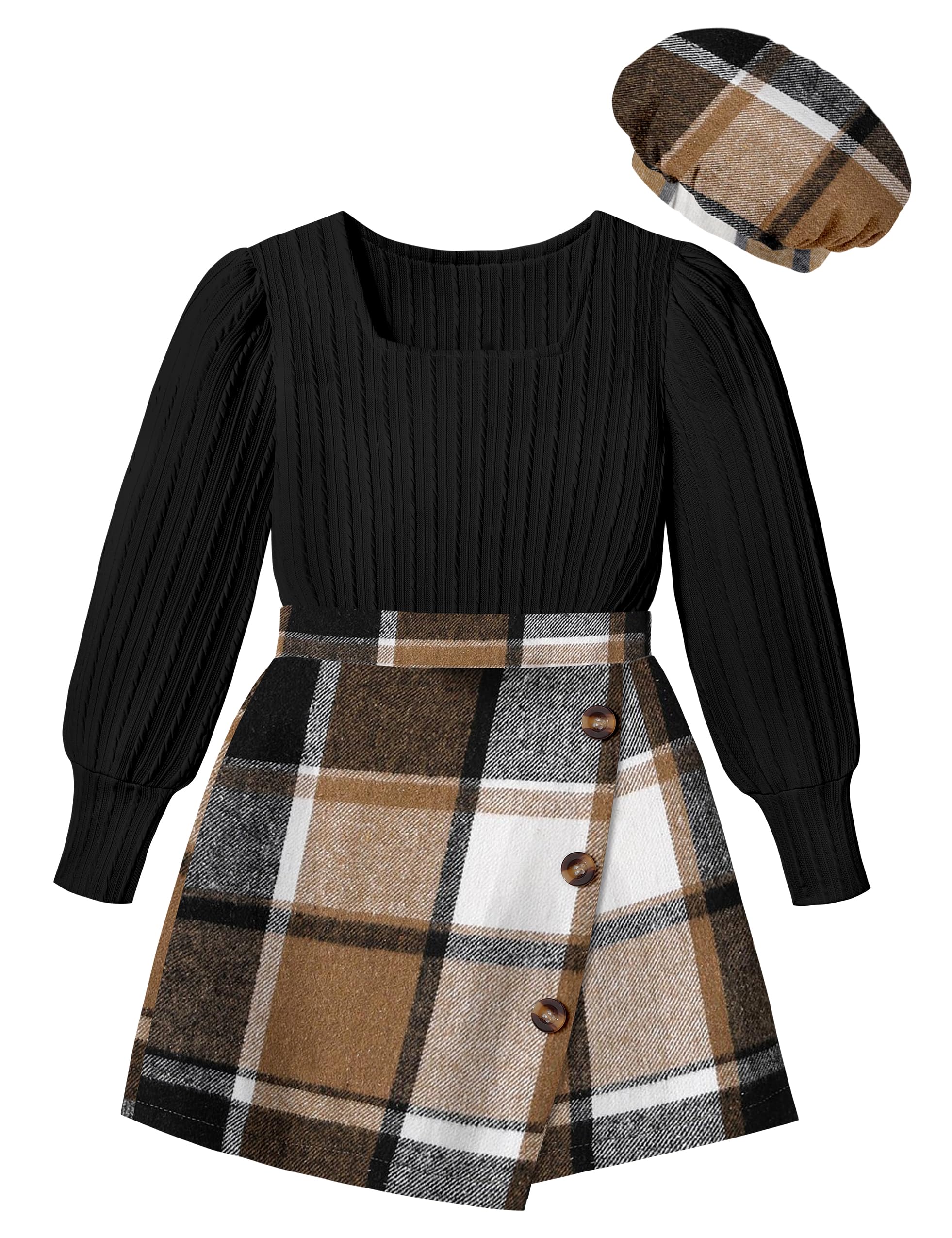 AGAPENG Girl Skirt Sets 3 Piece Outfits Square Neck Jacquard Puff Sleeve Tops Plaid Mini Skirt Shorts Fall Winter Clothes