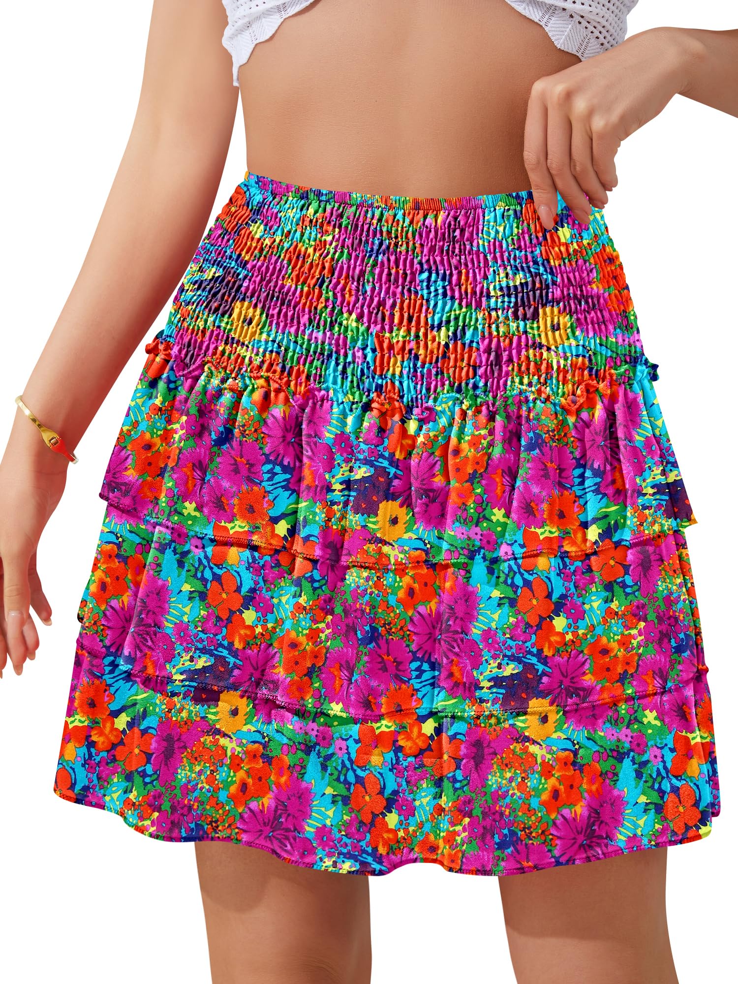 NASHALYLY Women's High Waist Ruffle Mini Skirt Cute Elastic Casual Boho Floral Short Skirt