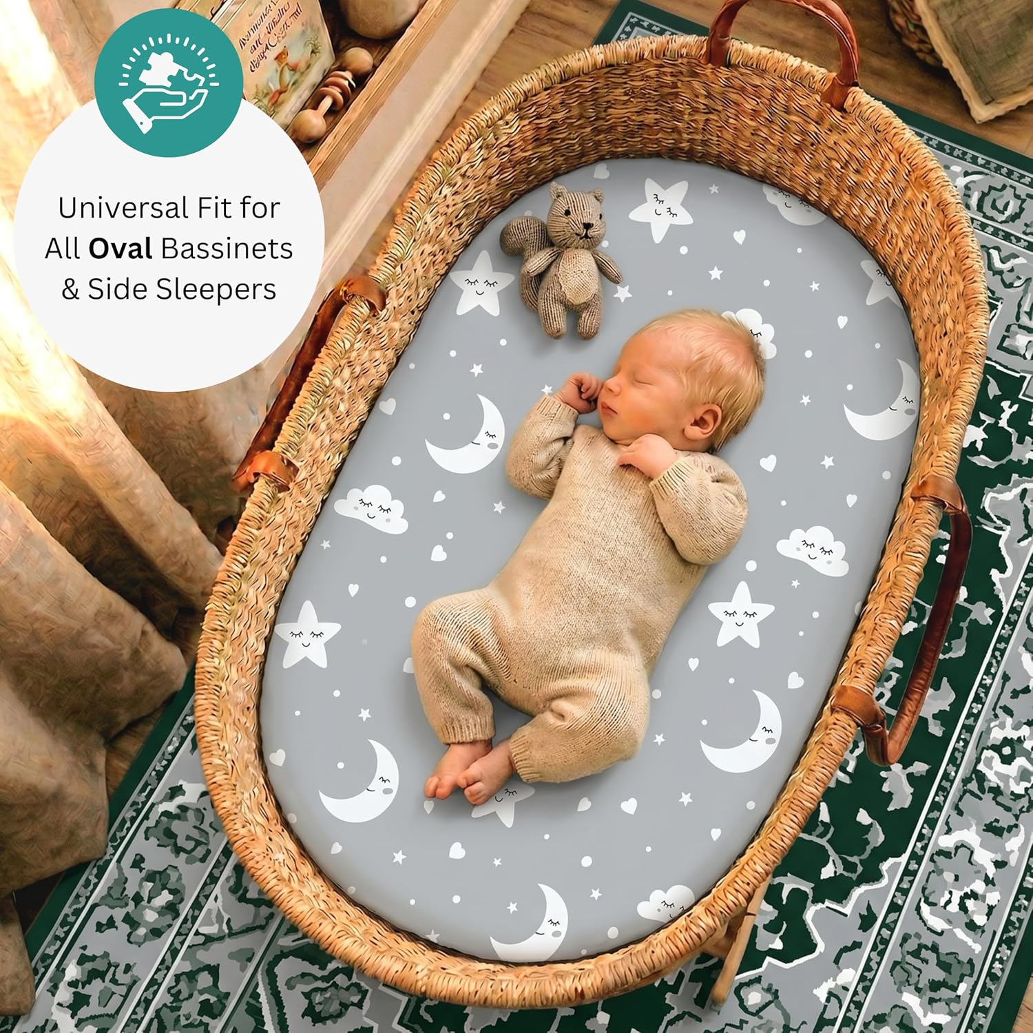 TansyPanda 30x18 Bassinet Sheets Set, Snug Fit on All Oval Bassinets like Maxi COSi, Munchkin Brica, Baby Delight, Delta Children, Munchkin, 4moms, Chicco & More, Breathable Unisex Bedding, Gray Stars image 2