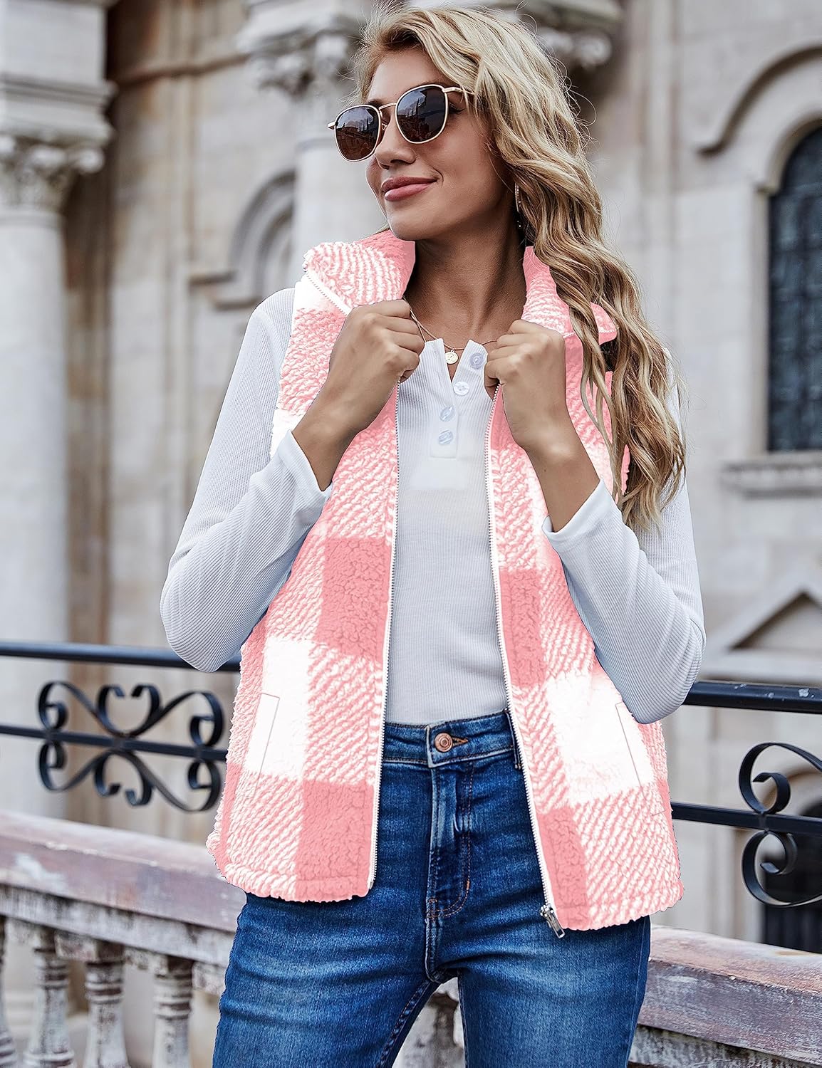 LOMON Womens Fuzzy Sherpa Fleece Jacket Lightweight Vest Cozy Sleeveless Cardigan Zipper Waistcoat Outerwear with Pocket - Image 2