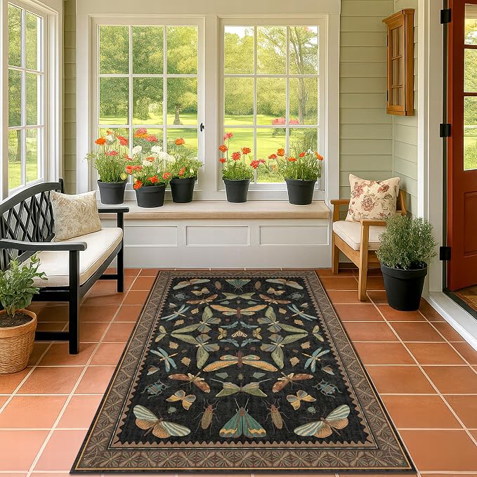 Black Washable Insect Area Rugs 8x10 for Living Room, Bedroom, Dining Room Under Table, Playroom, Large Dark Whimscal Boho Indoor Rug, Ultra Soft Low Pile Non Slip