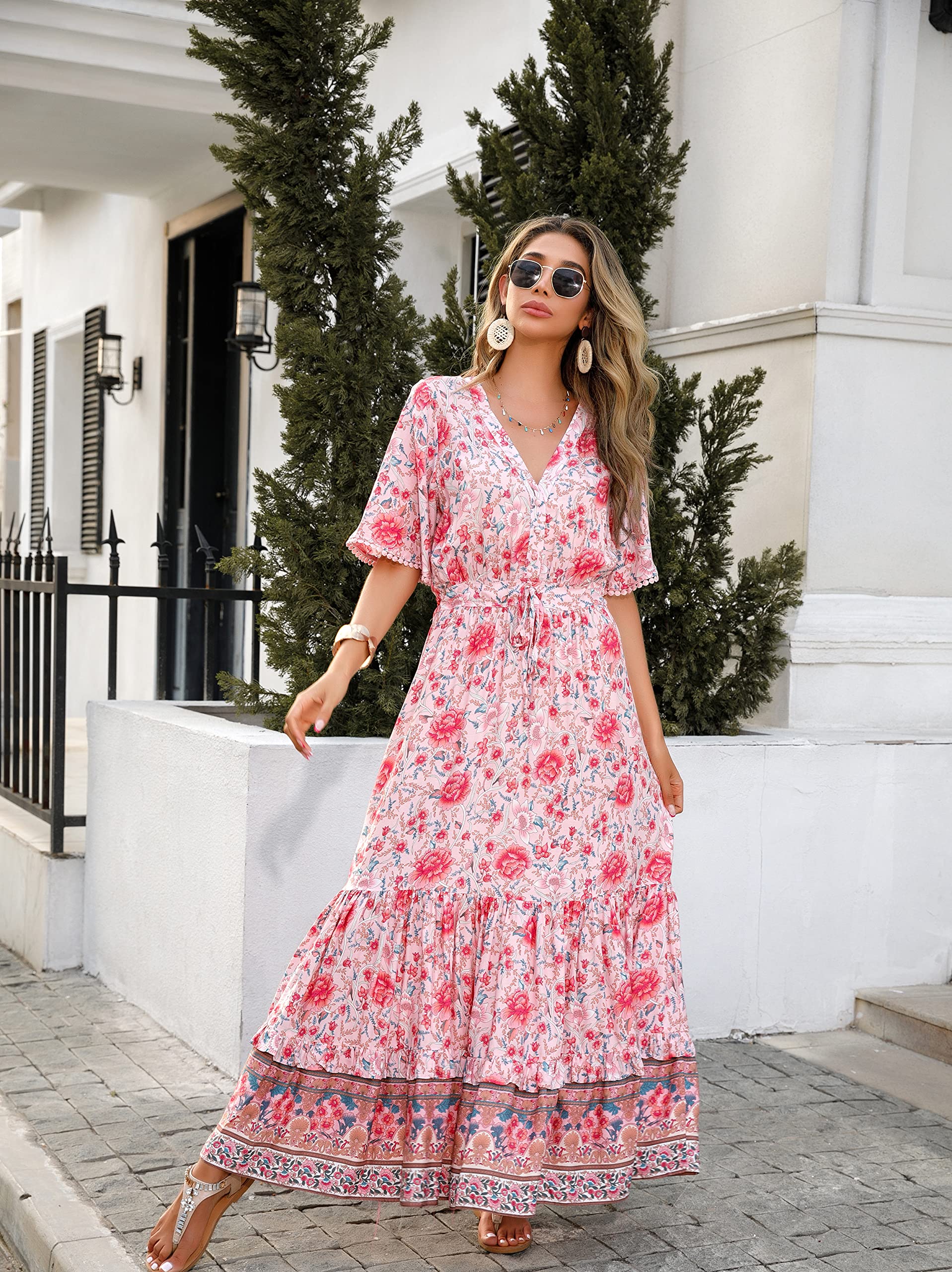 R.Vivimos Femmes D'été Cou en V Bouton à Manches Courtes Robe Bohème Fleur Longue Robe A Ligne Volants Longue Plage Robe