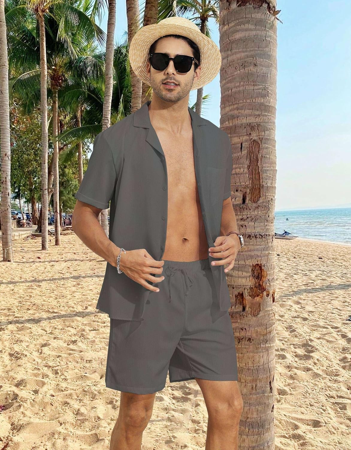 YTD Men's 2 Pieces Shirt Set Short Sleeve Button Down Casual Hippie Holiday Beach T-Shirts Shorts Outfits - Image 4