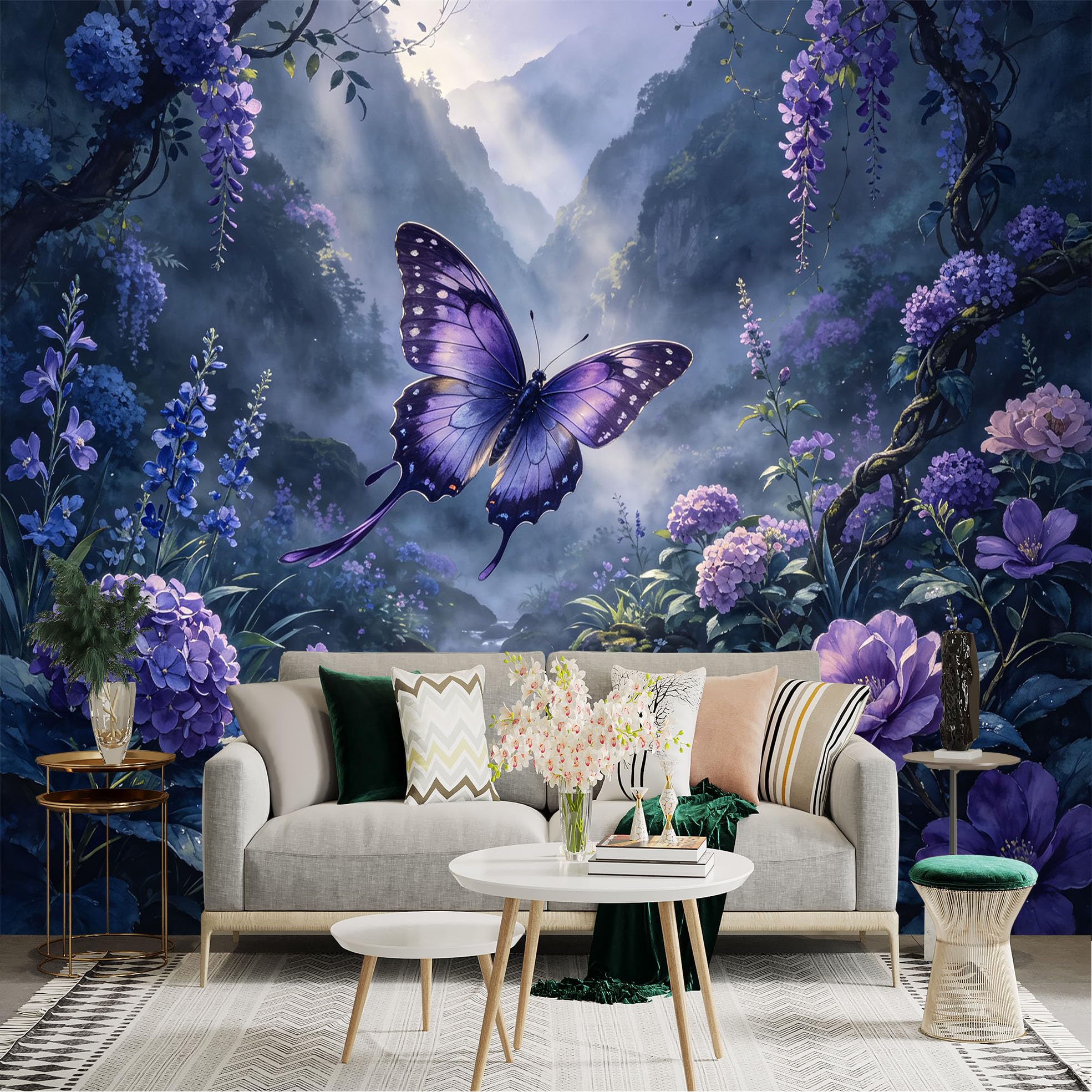 Lnzczhyre Bh260719063 Custom Size Wall Sticker Mural， Purple Butterfly In Misty Valley， Blooming Flowers By Stream， Botanical Landscape， For Wall Decoration， Peelandstick Wall Decals.