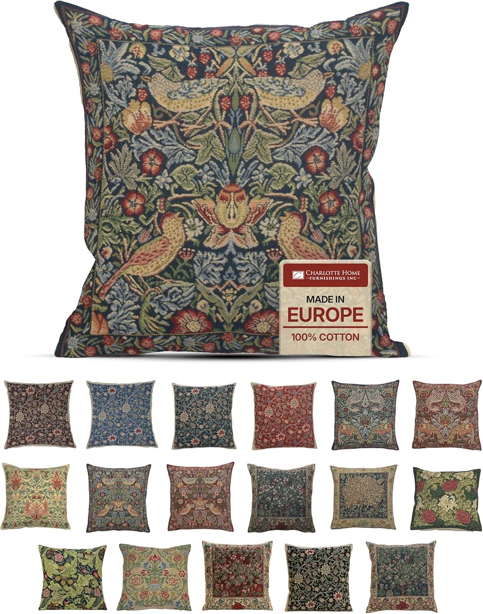 William Morris Strawberry Blue Tapestry Throw Pillow Cover 16 x 16 in