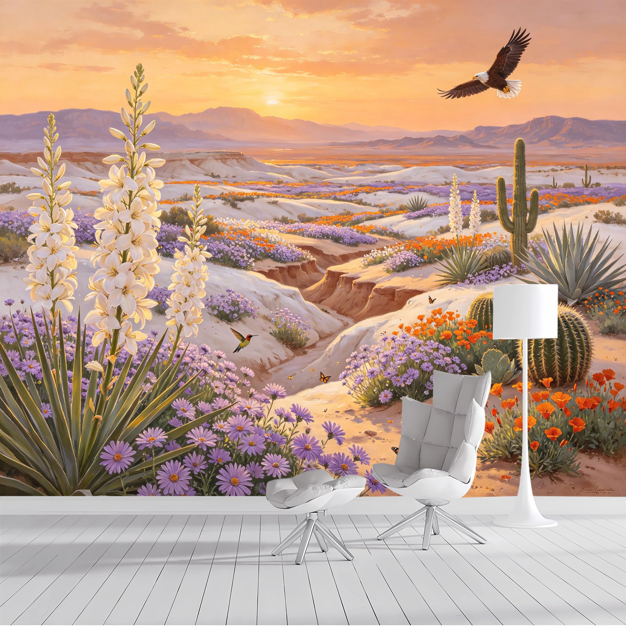 Custom Size Wall Mural Desert Landscape Eagle Watercolor Floral SelfAdhesive Wall Fabric Removable Peel and Stick Wallpaper Wall Decor for Living Room Bedroom Bathroom