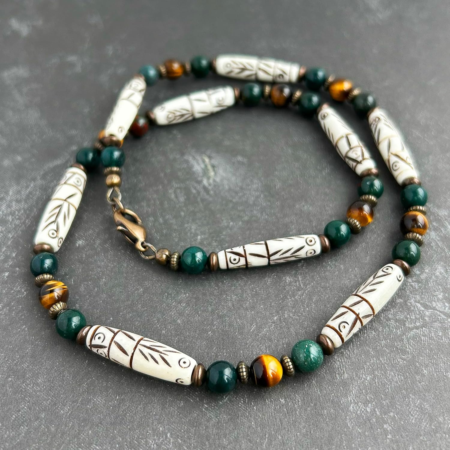 Mami's Gem Studio Carved Bone, Bloodstone, Tiger Eye Gemstone - Mens Tribal Style Necklace - Handcrafted in USA