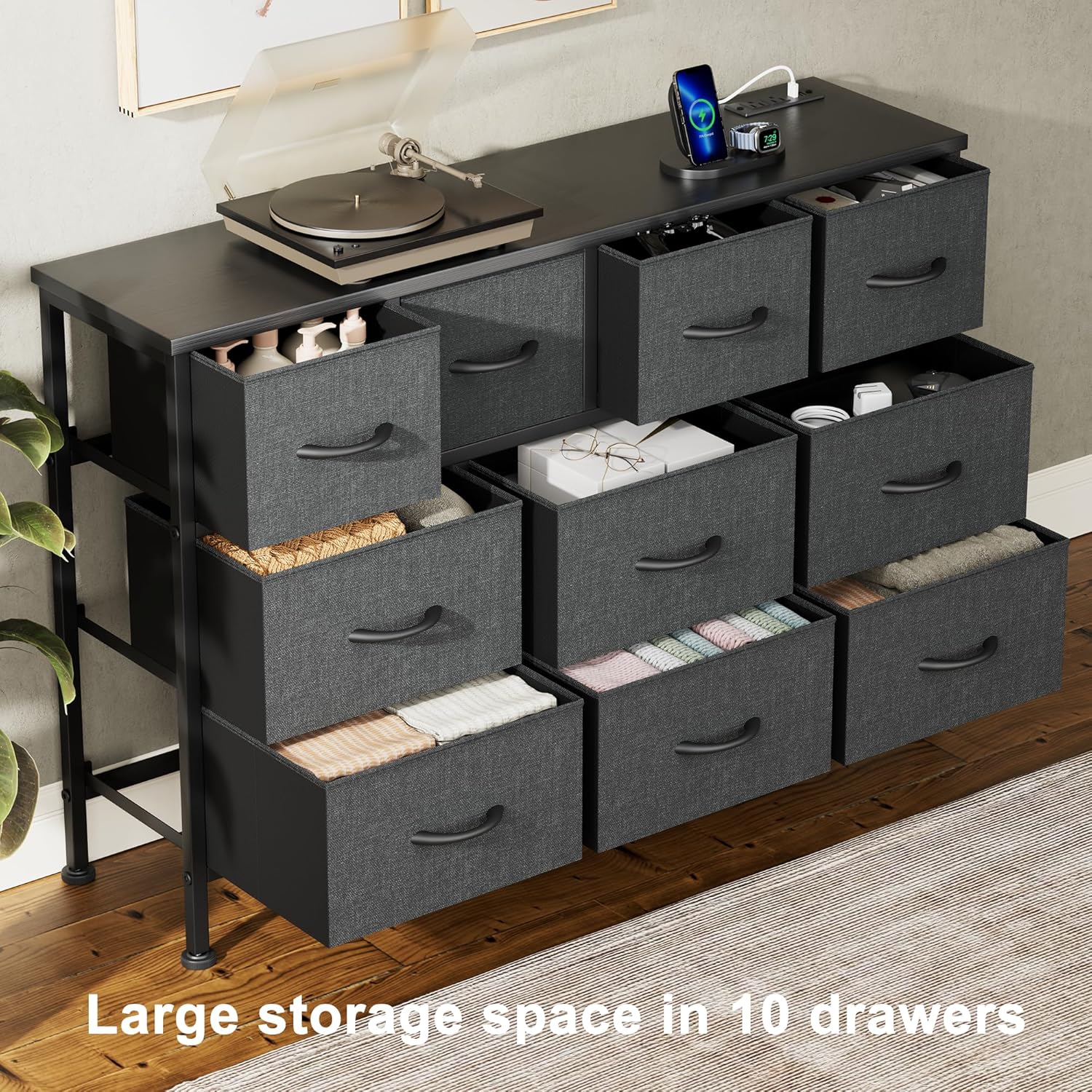 Lulive Dresser for Bedroom 10 Drawer Bedroom TV Stand with Power Outlet, Entertainment Center Chest of Drawers, Long Fabric Dresser for Living Room Save Space Grey