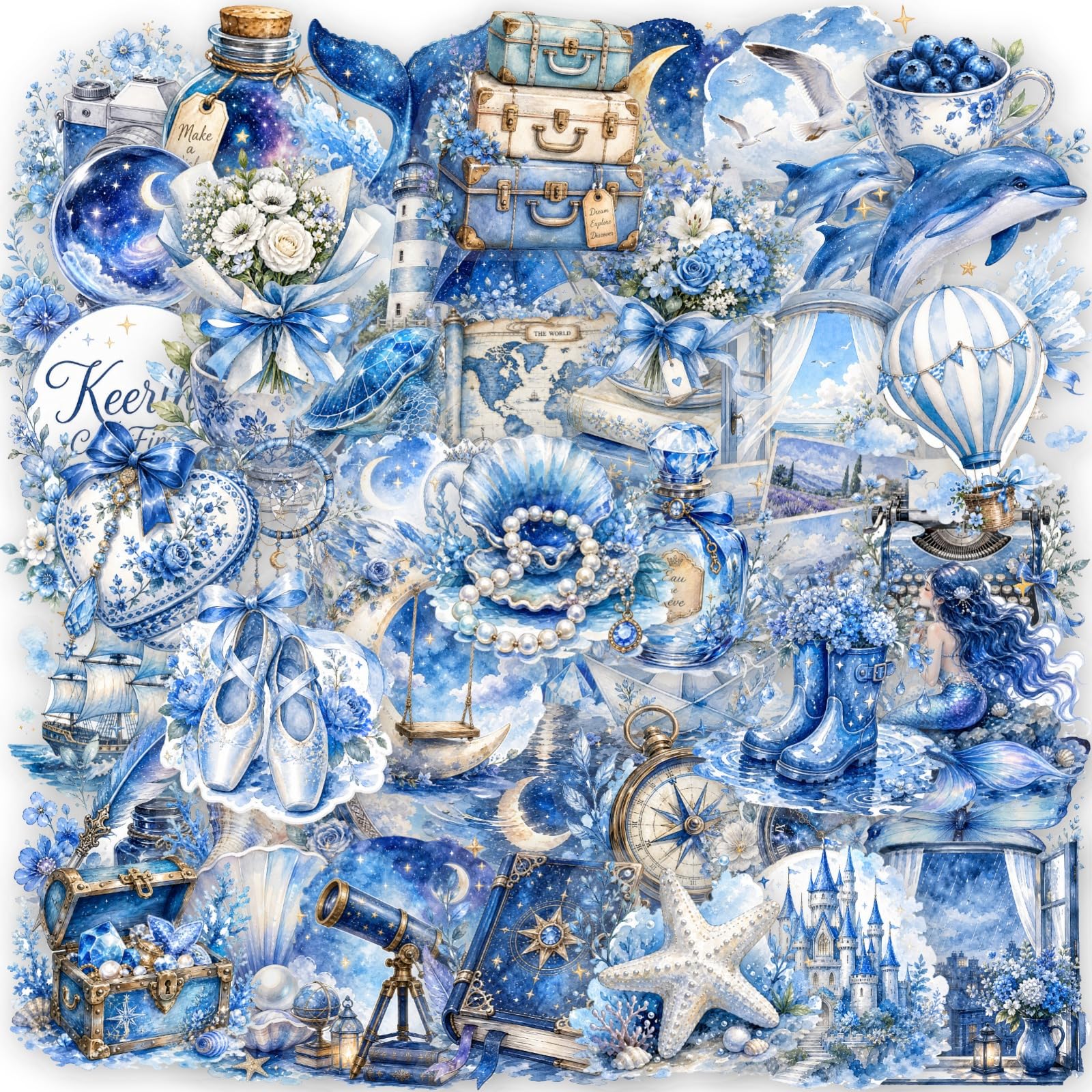 50 Pcs Blue Clear Stickers Aesthetic Transparent Sticker (Blue)