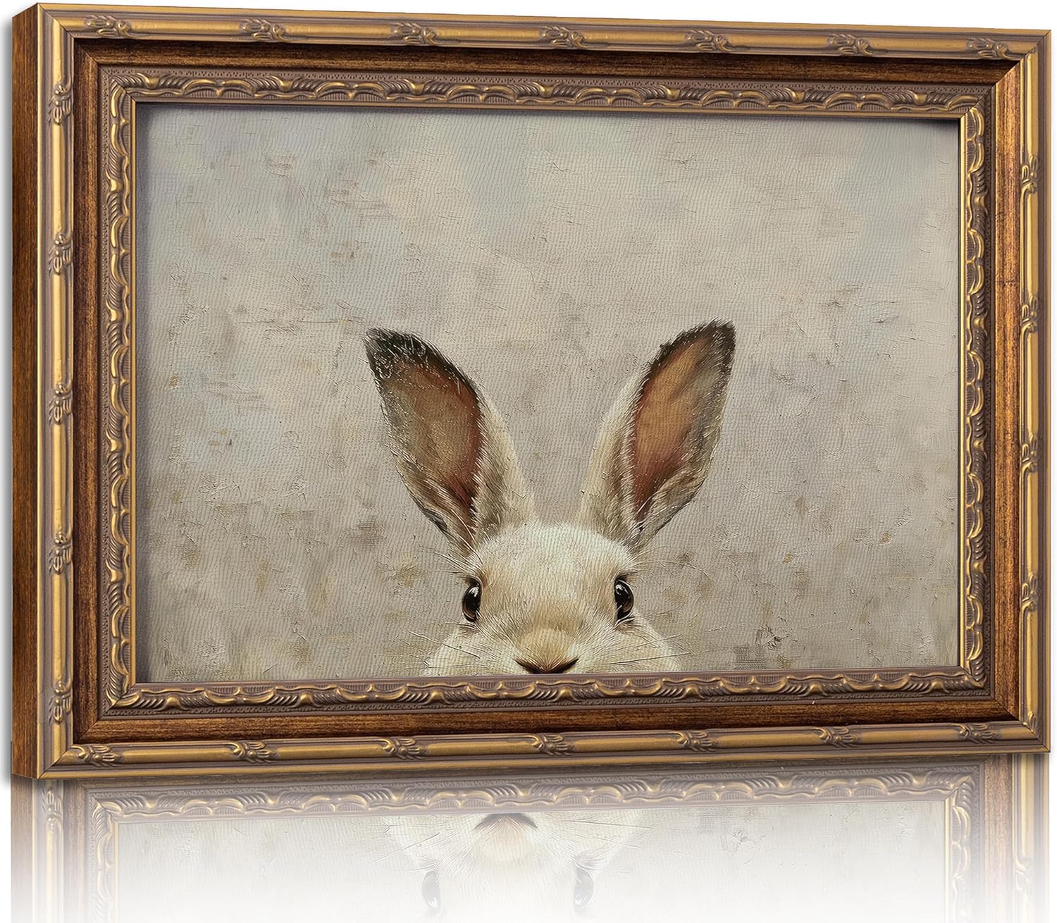 Vintage Gold Framed Wall Art Bunny canvas wall decor Easter Bunny Painting Prints Funny Rabbit Ears Picture Poster Retro Animals Artwork for Easter Decor Kids Room Home Living Bedroom 16x24in