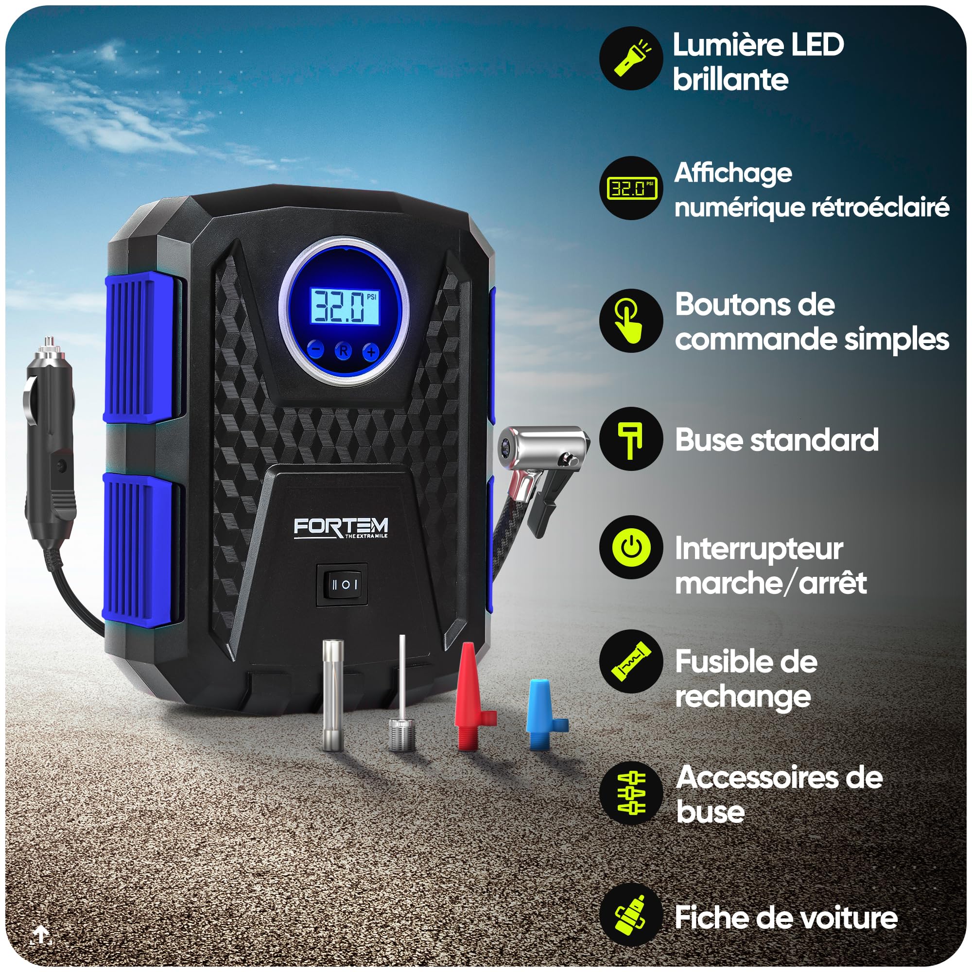 FORTEM Gonfleur pneus voiture - Compresseur 12V - Compresseur à air portatif automatique (150 PSI) - Gonfleur pneu voiture avec éclairage LED - Compresseurs d'air Portatifs - Moto & Vélo