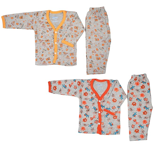 SMARTERKIDS Winter Wear Cartoon Printed Front Open Thermal Top & Pyjama Set Full Sleeves Body Warmer For Baby Boys & Girls (Pack of 2)