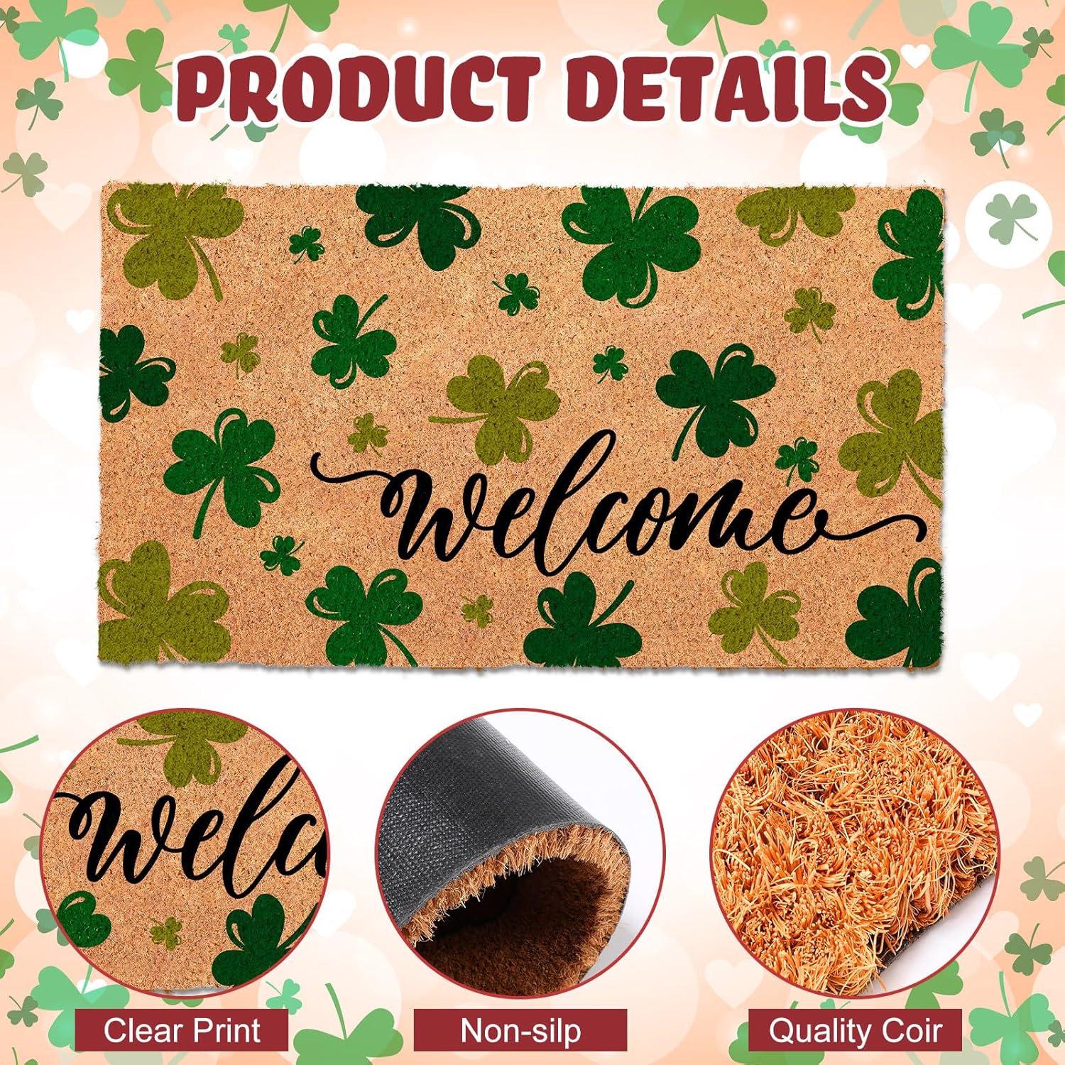Blosssound 2 Pcs St. Patrick's Day Doormat Natural Coir Green Shamrock Clover Welcome Door Mat Rug Non-Slip Valentine's Day Welcome Mat for Home Bathroom Decor