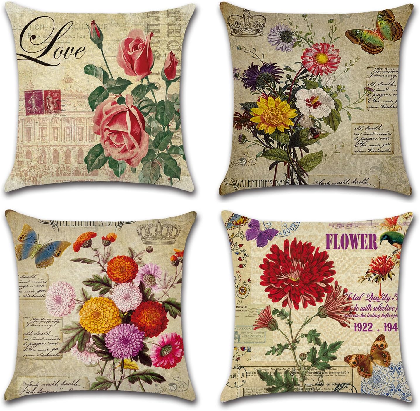 NKIPORU 4Pcs American Retro Country Style Cotton Linen Pillow Case Square Burlap Decorative Throw Pillowslip Car Cushion Cover with Rose Chrysanthemum Element