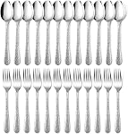 E-far 24-Piece Hammered Spoons and Forks Silverware Set, Stainless Steel 12 Dinner Forks and 12 Dinner Spoons, Modern Metal Flatware Cutlery for Restaurant, Dishwasher Safe-7.9 Inch