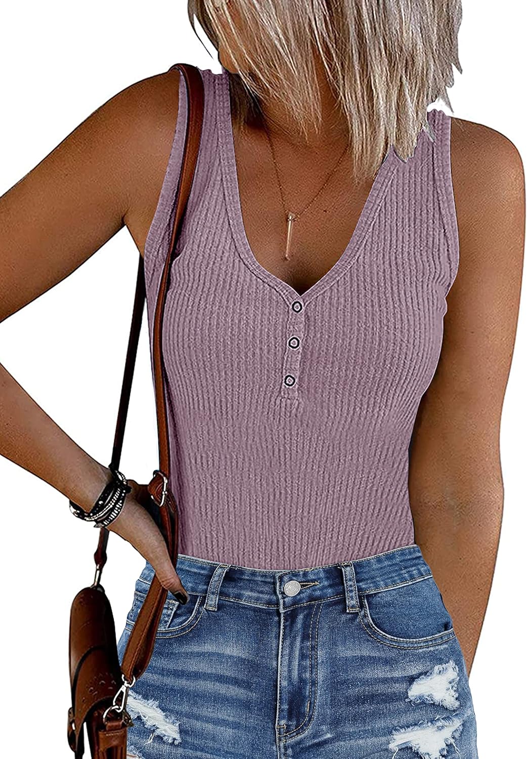 MEROKEETY Women's Ribbed Tank Top Sleeveless Bodysuits Summer 2026 V Neck Button Body Suit Tummy Control Tshirt