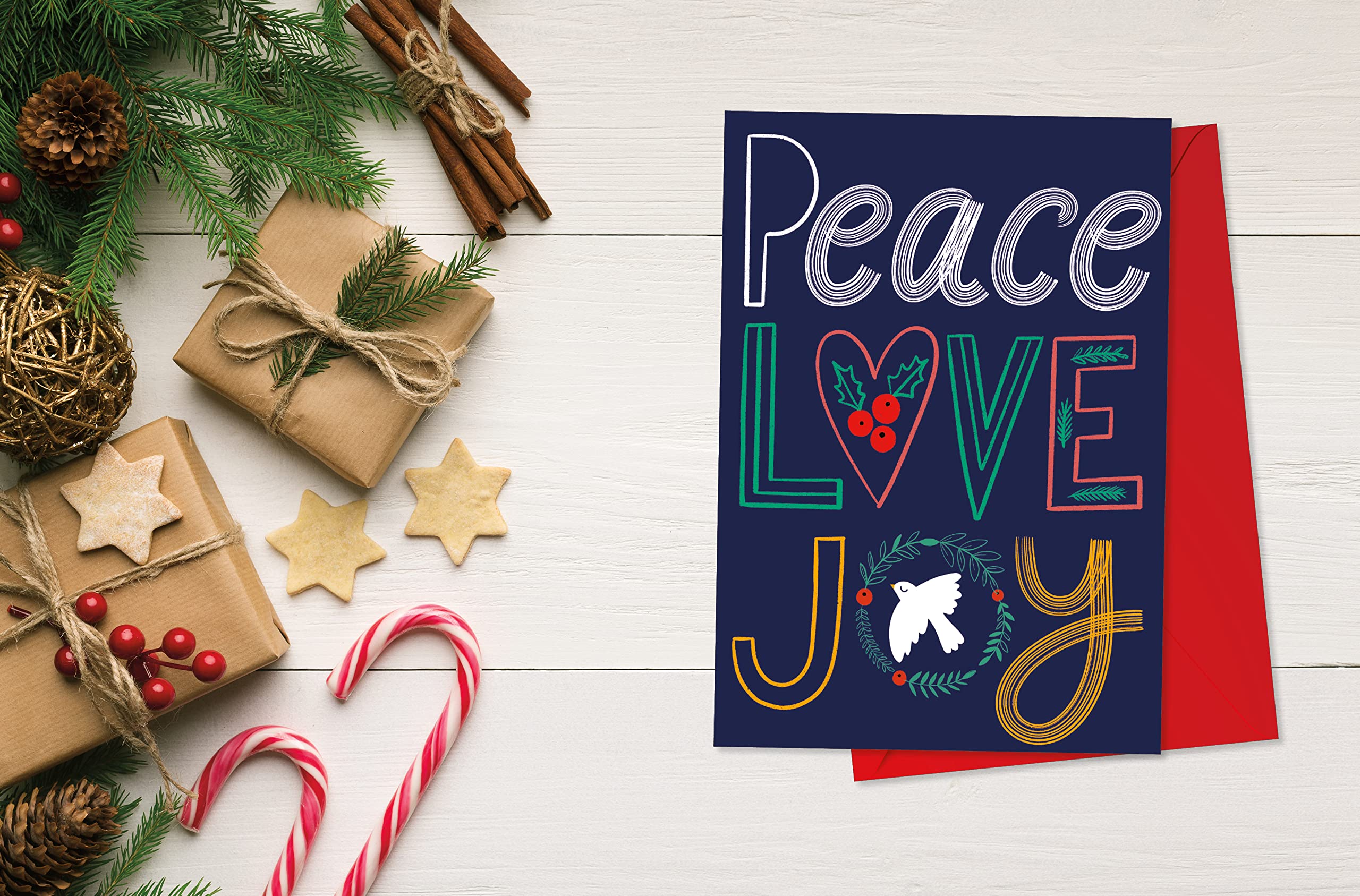 RSVP Lot de 24 cartes de vœux de Noël avec enveloppes : Peace Love Joy - 12,7 x 17,8 cm