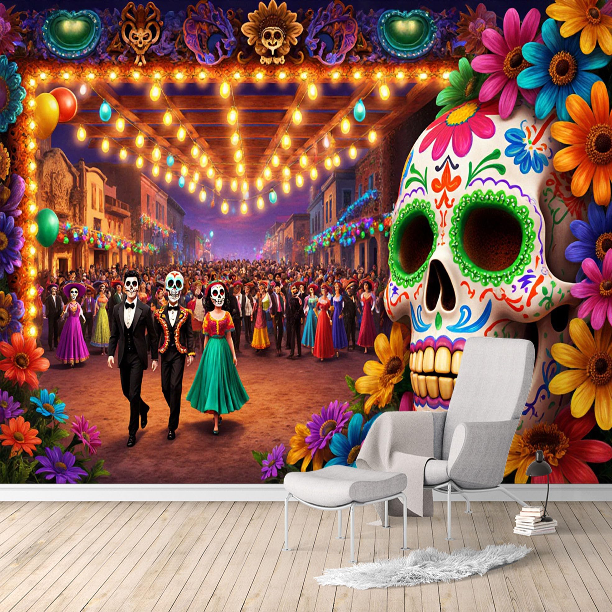 Custom Size Wall Murals, Day of the Dead Skull Festival Celebration, SelfAdhesive Water Activated Removable Wall Covering, Large Photo Wallpaper for Living Room Bedroom Office