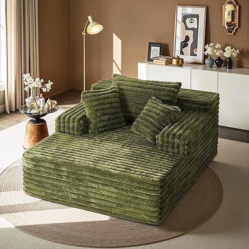 Sofá tumbona extragrande de 67 pulgadas para interiores, sofá verde sin montaje, moderno sofá cama de pana con 3 almohadas suaves, sofá cama sin