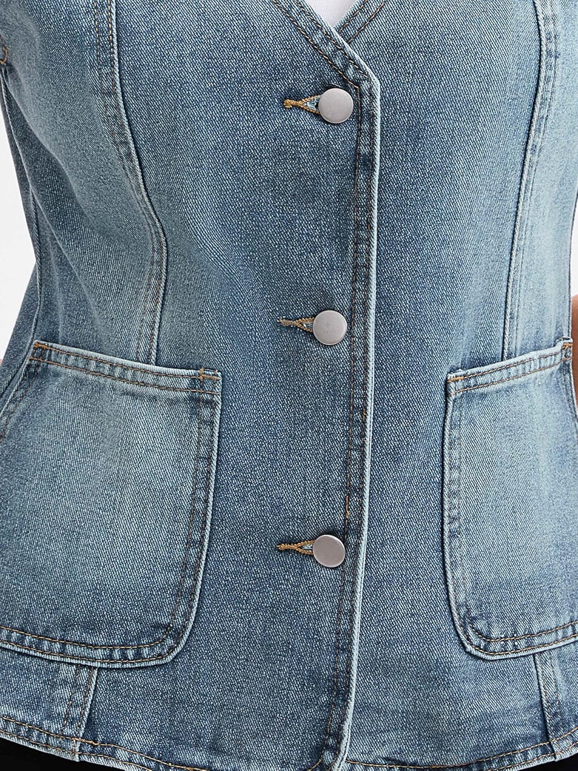 Women's Casual Denim Vest V Neck Patch Pockets Button Down Sleeveless Jean Jacket - Image 5