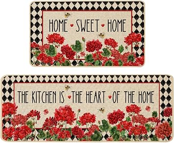 Baccessor Spring Summer Kitchen Rug Mats Set of 2,Geranium Bee Red Flowers Floral Kitchen Mat Non Slip Drying Washable Kitchen Sink Floor Mat Farmhouse Home Decoration 17x29 and 17x47 Inch