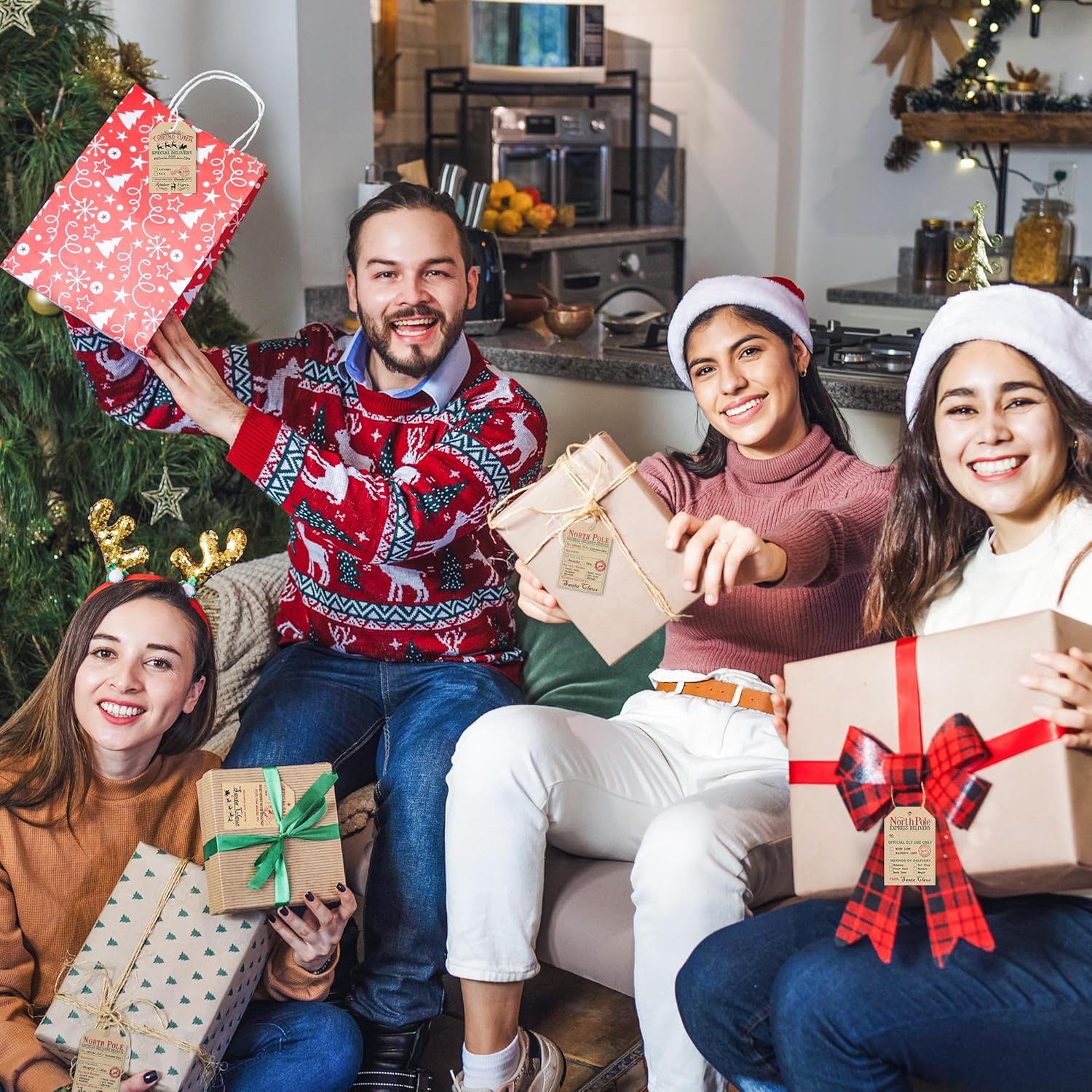 from Santa Christmas Gift Tags, 48 Kraft Labels with String (2x3”), 4 Vintage Santa Tags, Rustic Holiday Name Labels for Presents - Image 6