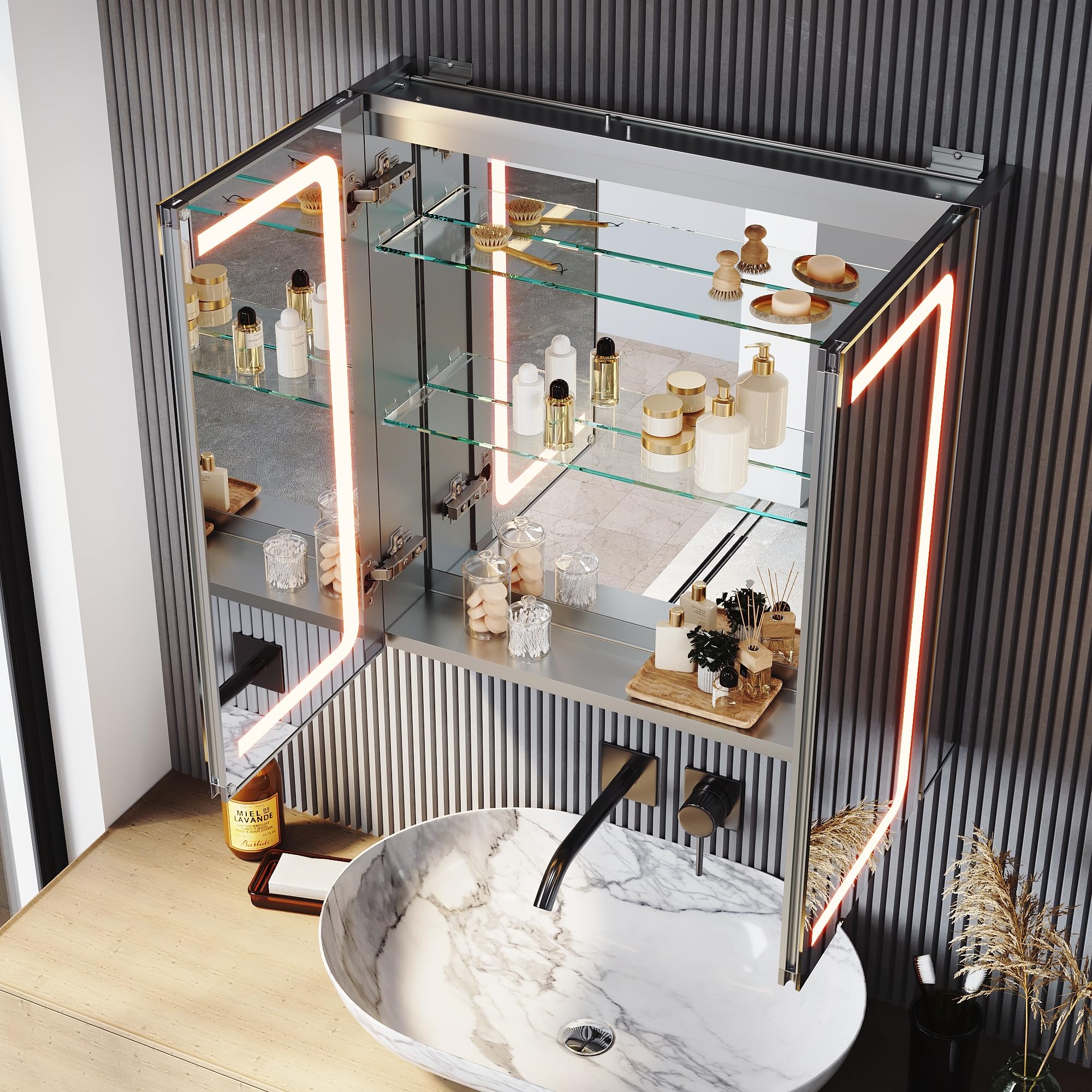 SONNI Szafka z lustrem LED, 65 × 65 cm, bez zaparowania, szafka z lustrem z oświetleniem z gniazdkiem aluminiowym, szafka łazienkowa z lustrem z przełącznikiem dotykowym