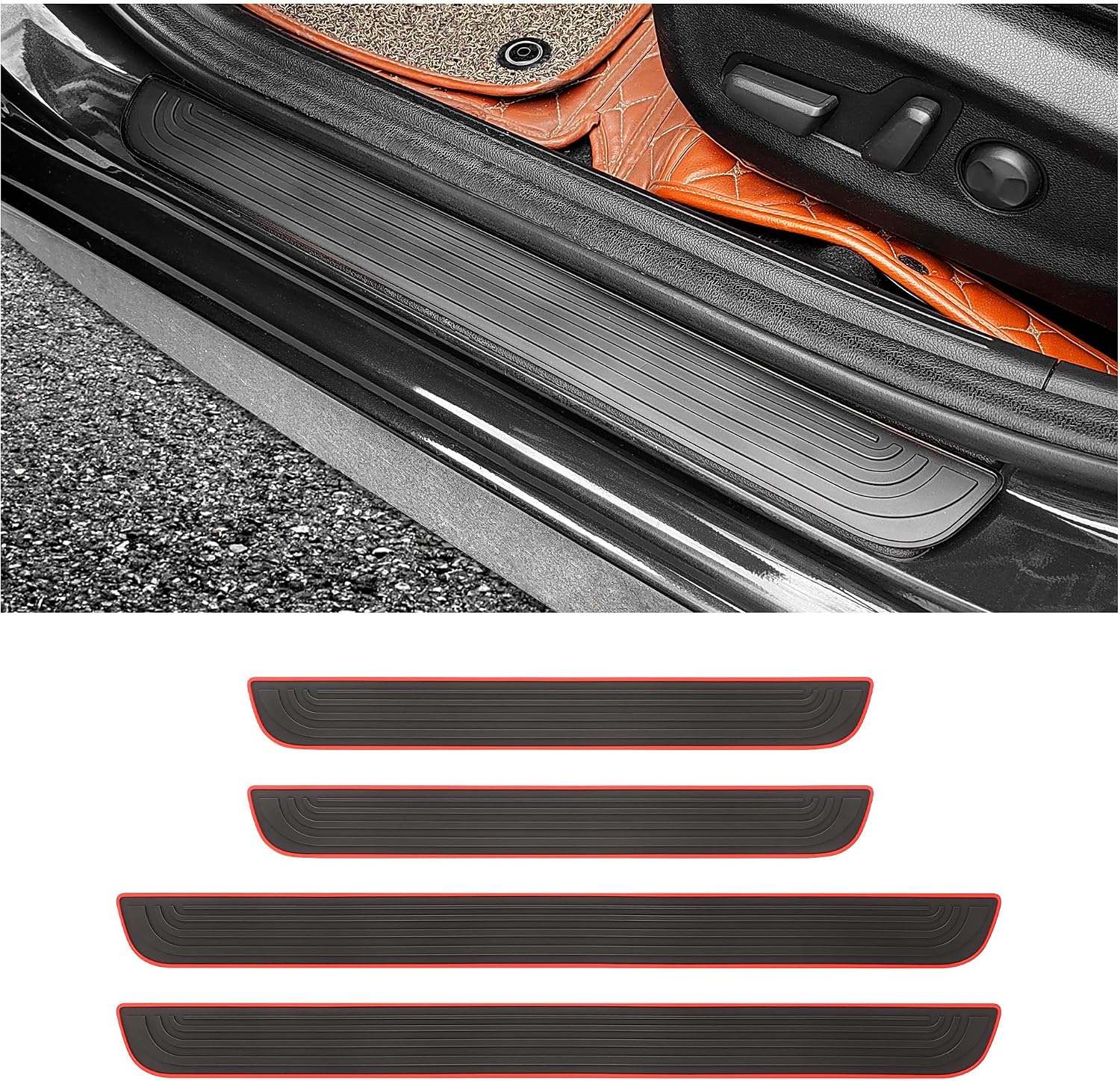 4PCS Car Door Sill Protector,Anti-Scratch Rubber Car Door Protector Edge Guards for Door Steps,Universal Waterproof Door Threshold Strips Exterior Accessories for Car Truck SU (Black+Red, Width 1.57")
