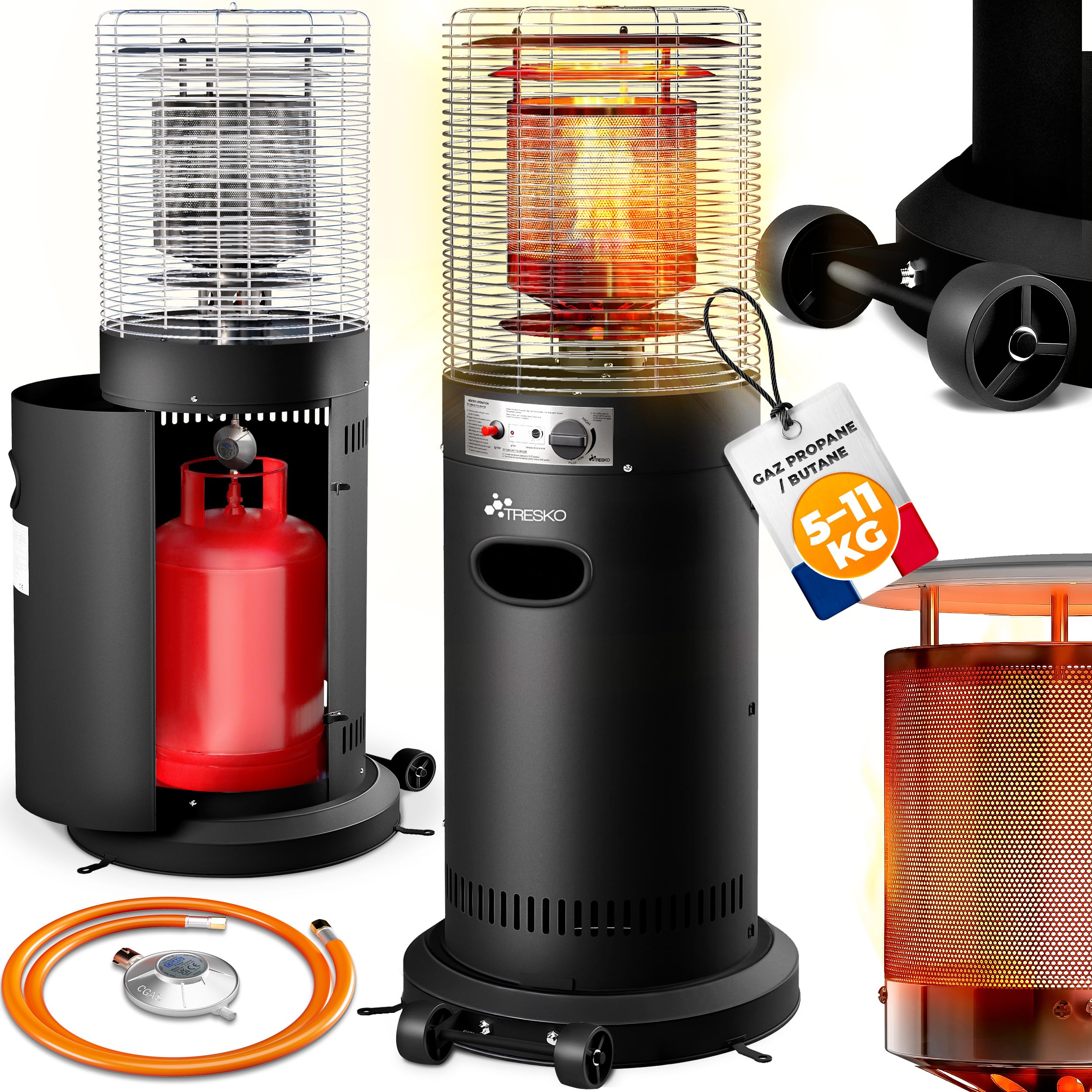 TRESKO Chauffage de terrasse à gaz 11kW + roulettes, pour bouteilles 5 & 11kg | Chauffage extérieur puissant pour terrasse, balcon, jardin, camping | Parasol chauffant avec tuyau et détendeur (Noir)