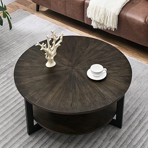 MODERION KFZ1338BK - Mesa de centro redonda con estante de almacenamiento, mesa de cóctel para sala de estar de granja con patas de metal negro,