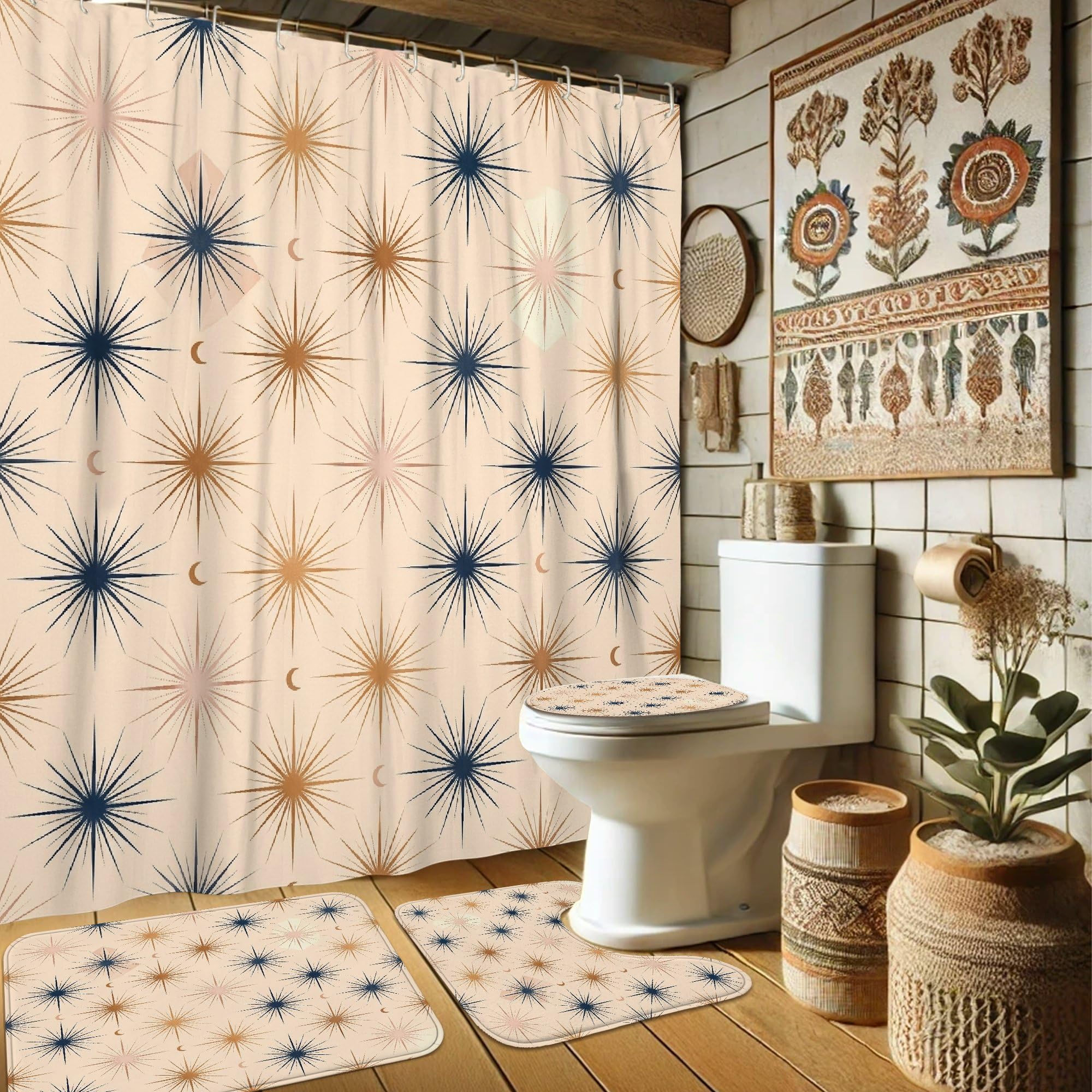 Ensemble rideau de douche moderne polyester marine et tapis de bain élégant