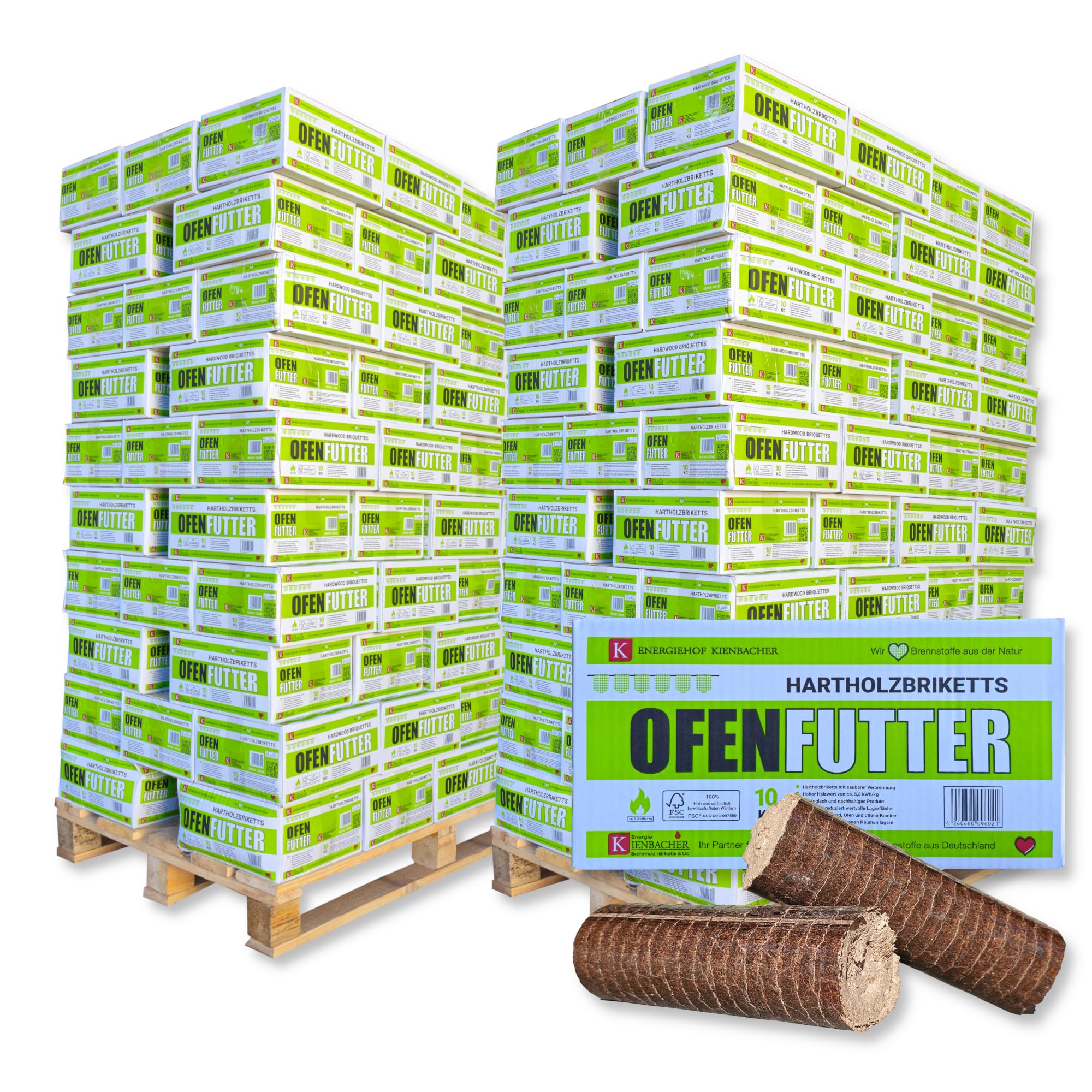 2000kg Nestro Hartholzbriketts Buche und/oder Eiche, je nach Verfügbarkeit, im 10kg Karton FSC Gluthalter Kamin Ofen Brenn Holzbriketts Kohle | 2 Paletten | Energie Kienbacher