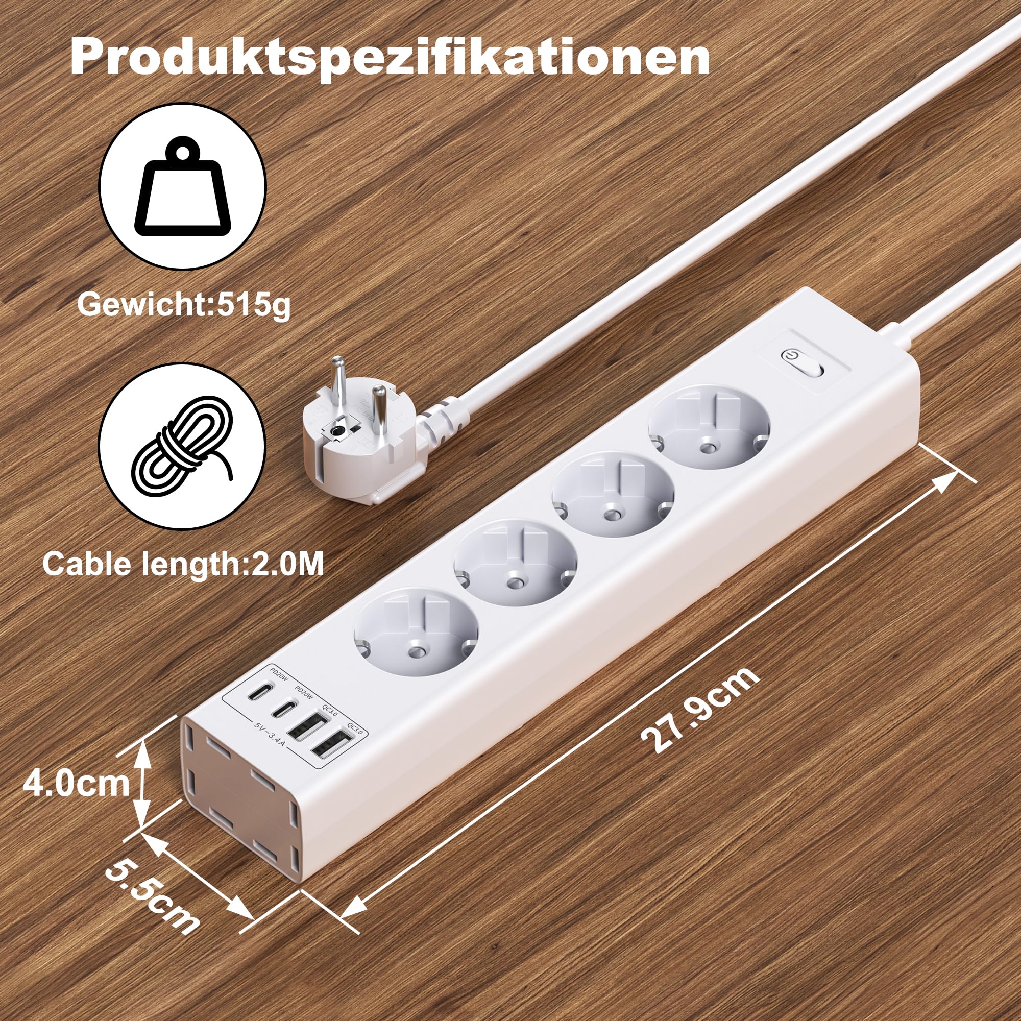 Listwa zasilająca z 4 gniazdami do montażu pod stołem, 2USB-C (PD20W) + 2USB-A (QC3.0 18 W), 4000 W, z wyłącznikiem przeciążeniowym, niewidoczne rozwiązanie do zarządzania kablami, kabel 2 m