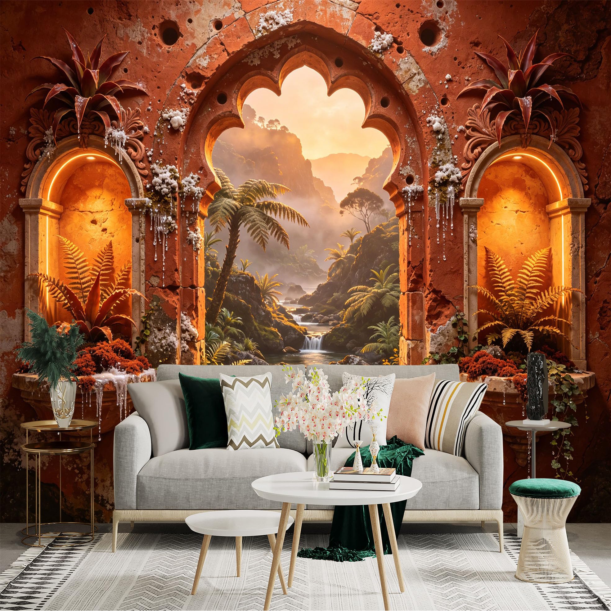 Custom Size Wall Sticker Mural， Tropical Waterfall Valley Through Ancient Arch Window， for wall Decoration， peelandstick wall Decals.