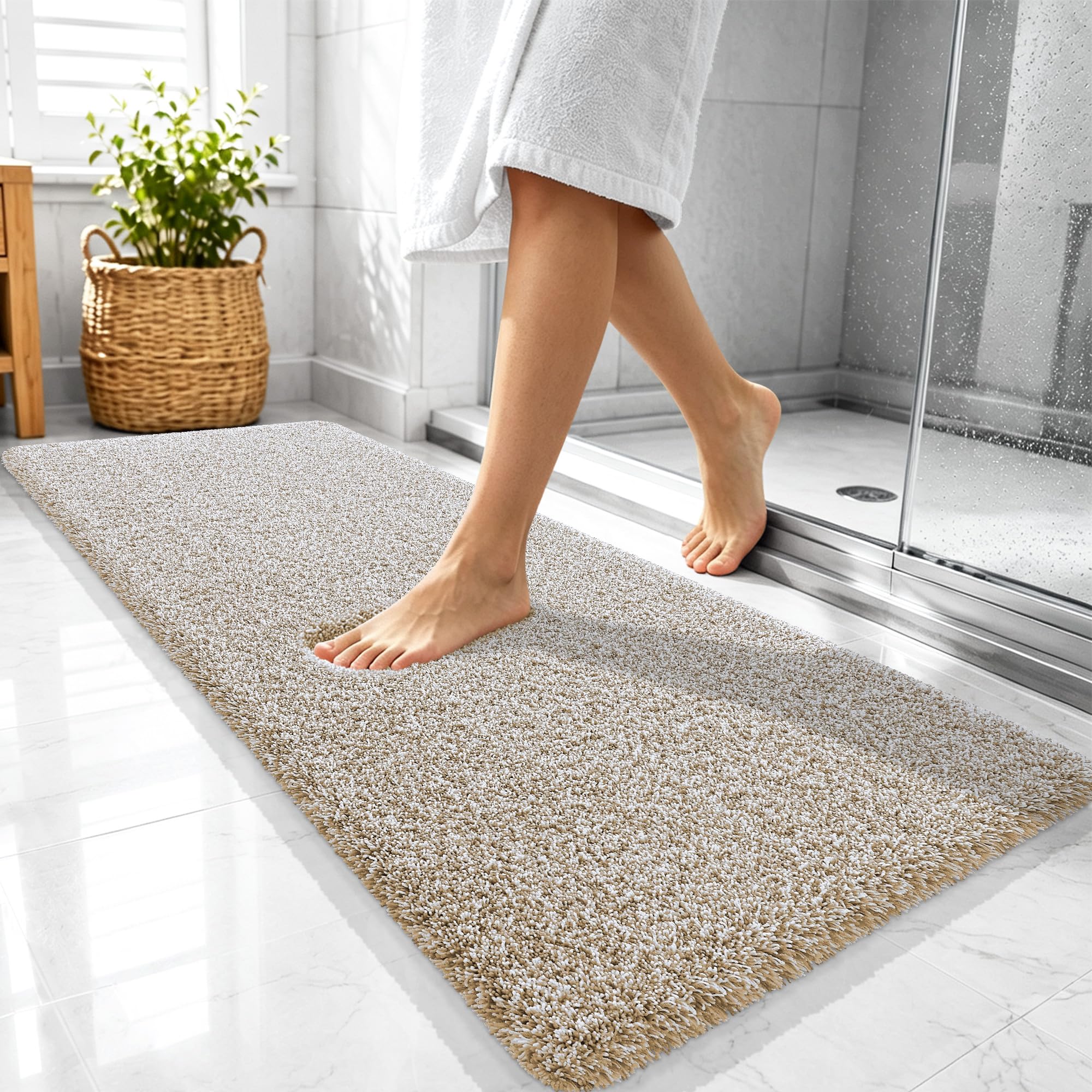 OLANLY Microfiber Bathroom Rugs 47x20, Quick Dry Bath Mat, Beige and White