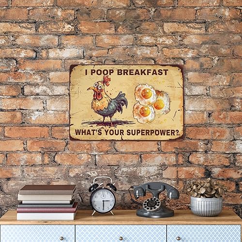 Miniatura 4 de Cartel de desayuno de pollo I Poop de aluminio para colgar en la pared, decoración de arte de pollo para casa, habitación, tienda, oficina, 12 x 8