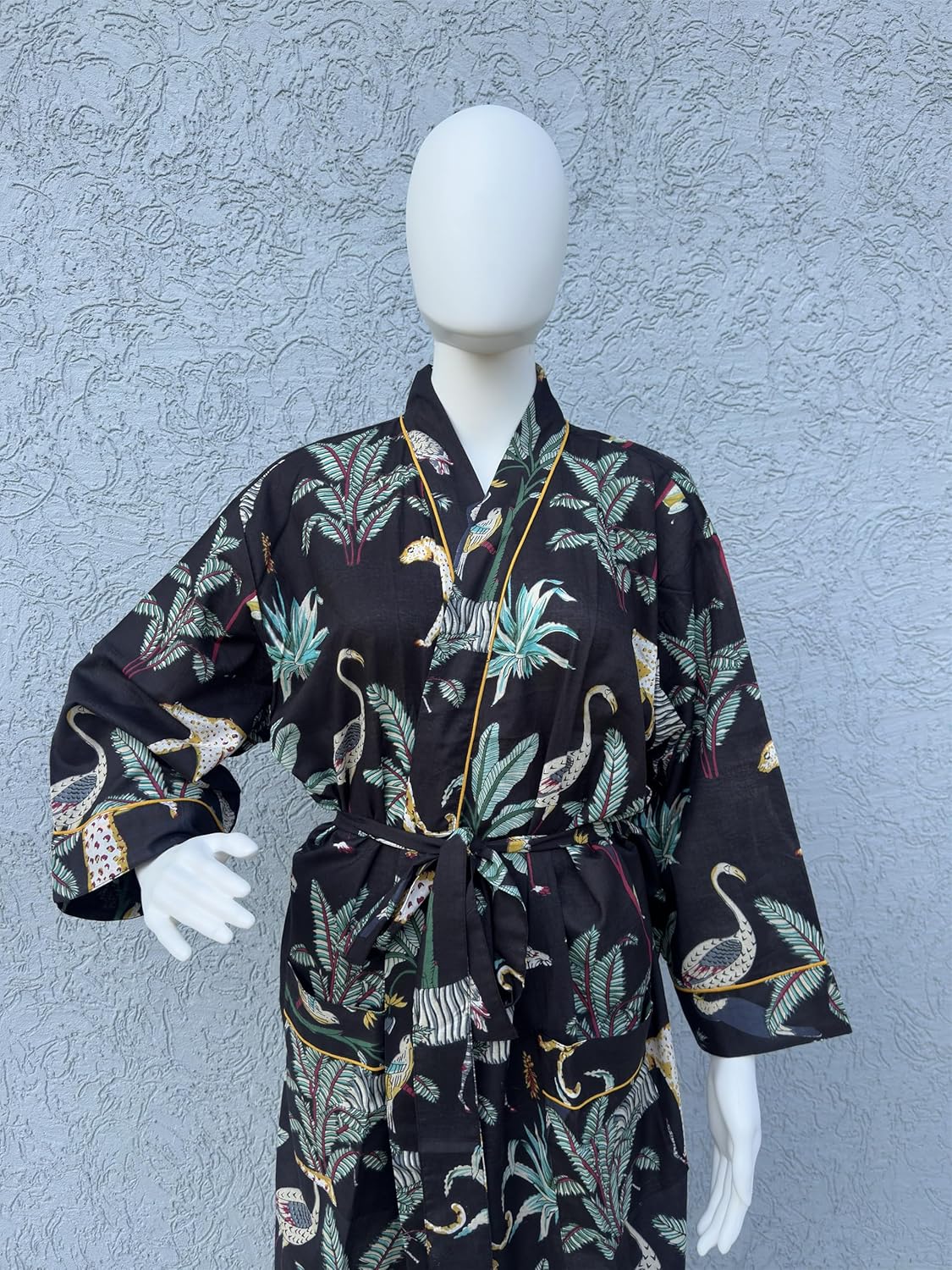 COTSILER Cotton Block Print Kimono Robe for Women Long Bathrobe with Belt & Pockets For Summer Lightweight Nightwear,Cover-Up - Image 3