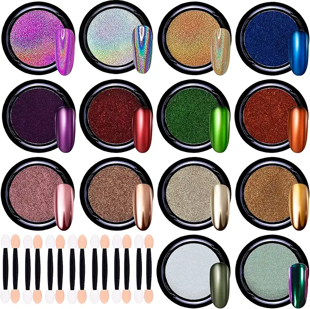 Duufin 14-Color Chrome Nail Powder Set with Eyeshadow Sticks - Metallic Mirror Effect
