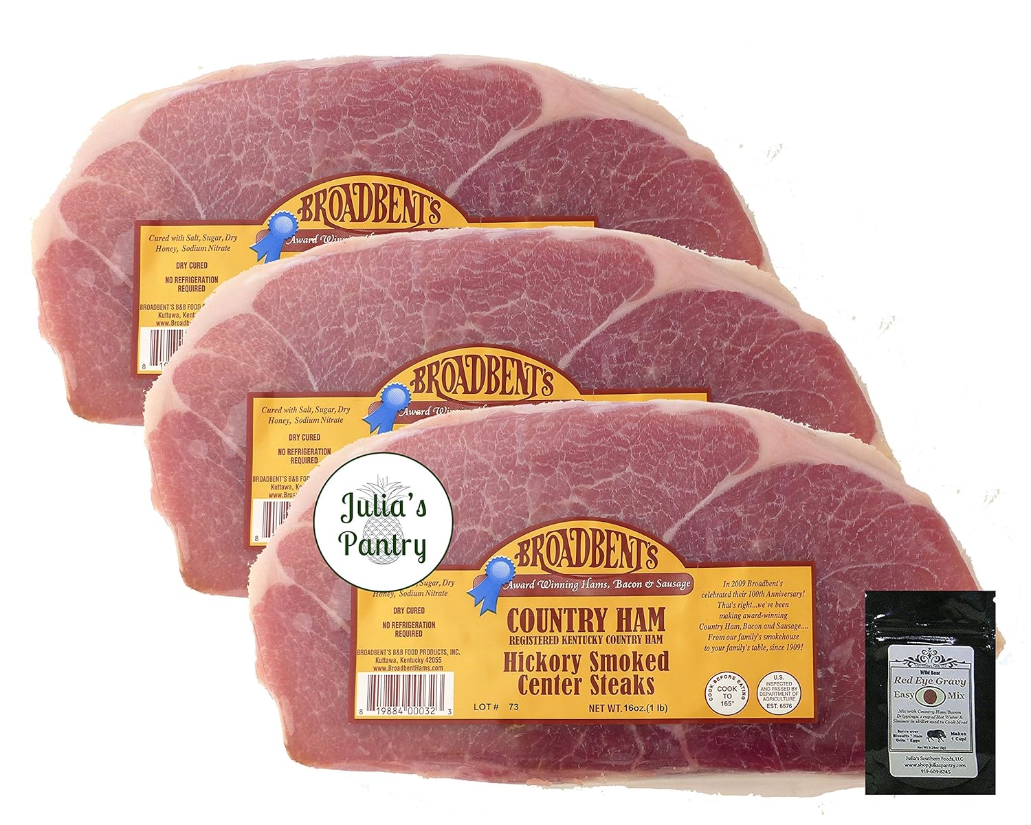 Julia's Pantry Premium Cured Country Ham Hickory Smoked Center Steaks 2 - 1# Packages with Red Eye Gravy Sample