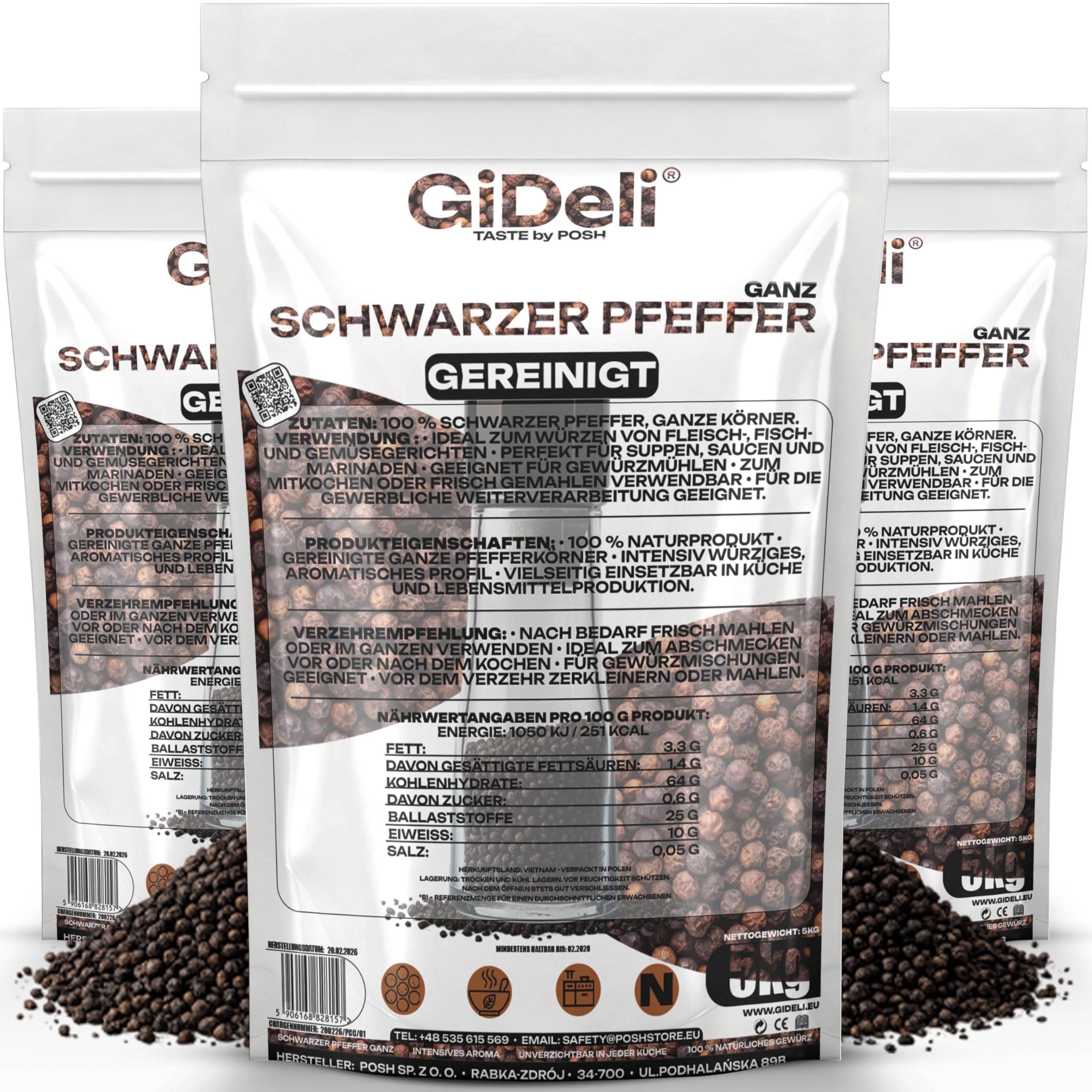 GiDeli Schwarzer Pfeffer Ganz 3 x 5kg - Pfefferkörner - Perfekt für Suppen, Saucen und Marinaden - Für Pfeffermühle geeignet - Aromatisch und Vielseitig - 100% Naturrein ohne Zusätze