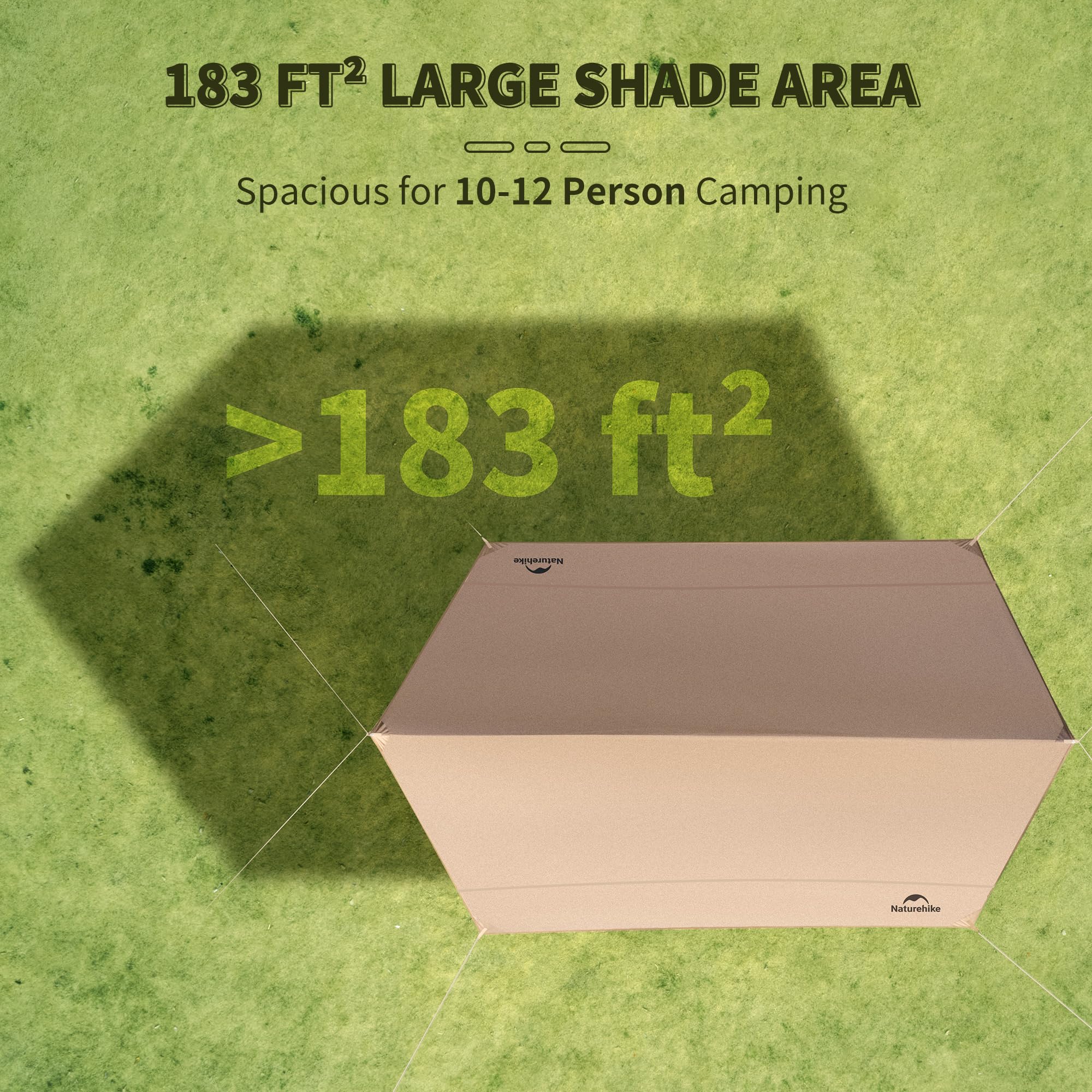 Naturehike Bâche de tente de camping avec poteaux, imperméable en polyuréthane 18 000 mm +, anti-UV UPF2000+, abri solaire de camping, auvent pour fête en plein air, pique-nique (5 x 3,8 m)