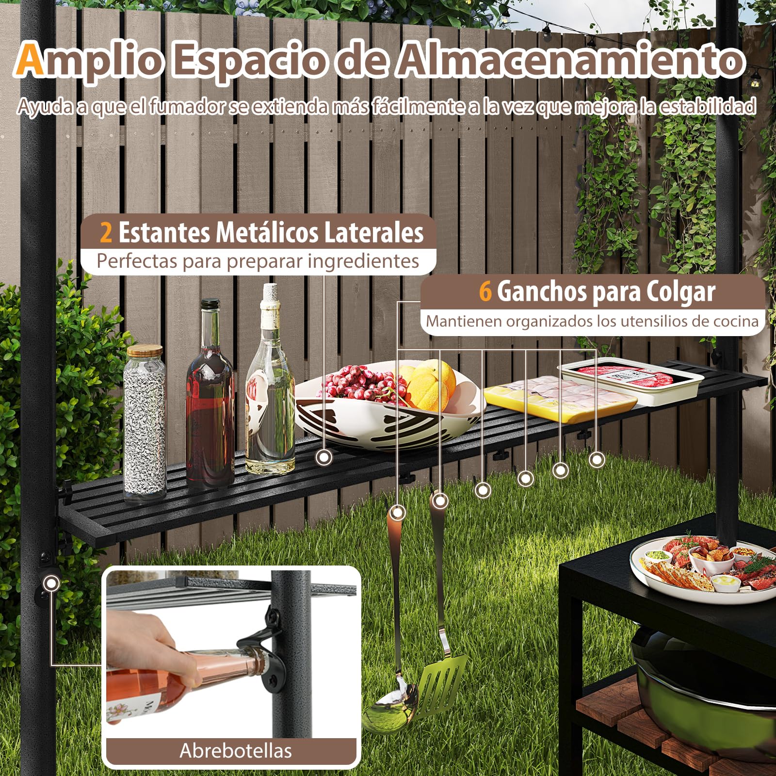 COSTWAY Carpa de Barbacoa 242 x 150 cm, Pergolas de Jardin de Techo Doble con 2 Estantes, 6 Ganchos, Estructura Metálica, Cenador para BBQ Jardín Terraza Fiesta Picnic (café)