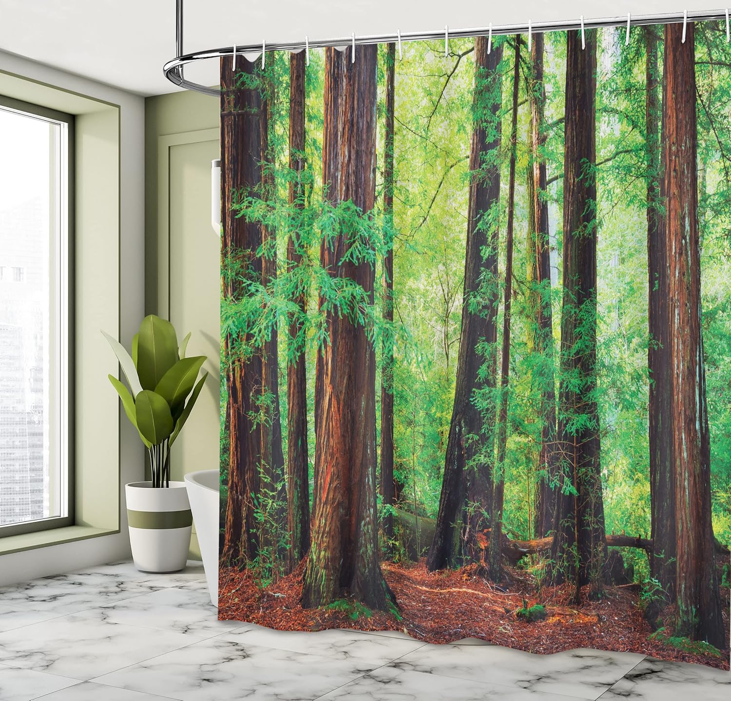 Ambesonne Woodland Shower Curtain, Redwood Trees Northwest Rain Forest Tropical Scenic Wild Nature Branch, Cloth Fabric Bathroom Decor Set with Hooks, 69" W x 70" L, Brown Green