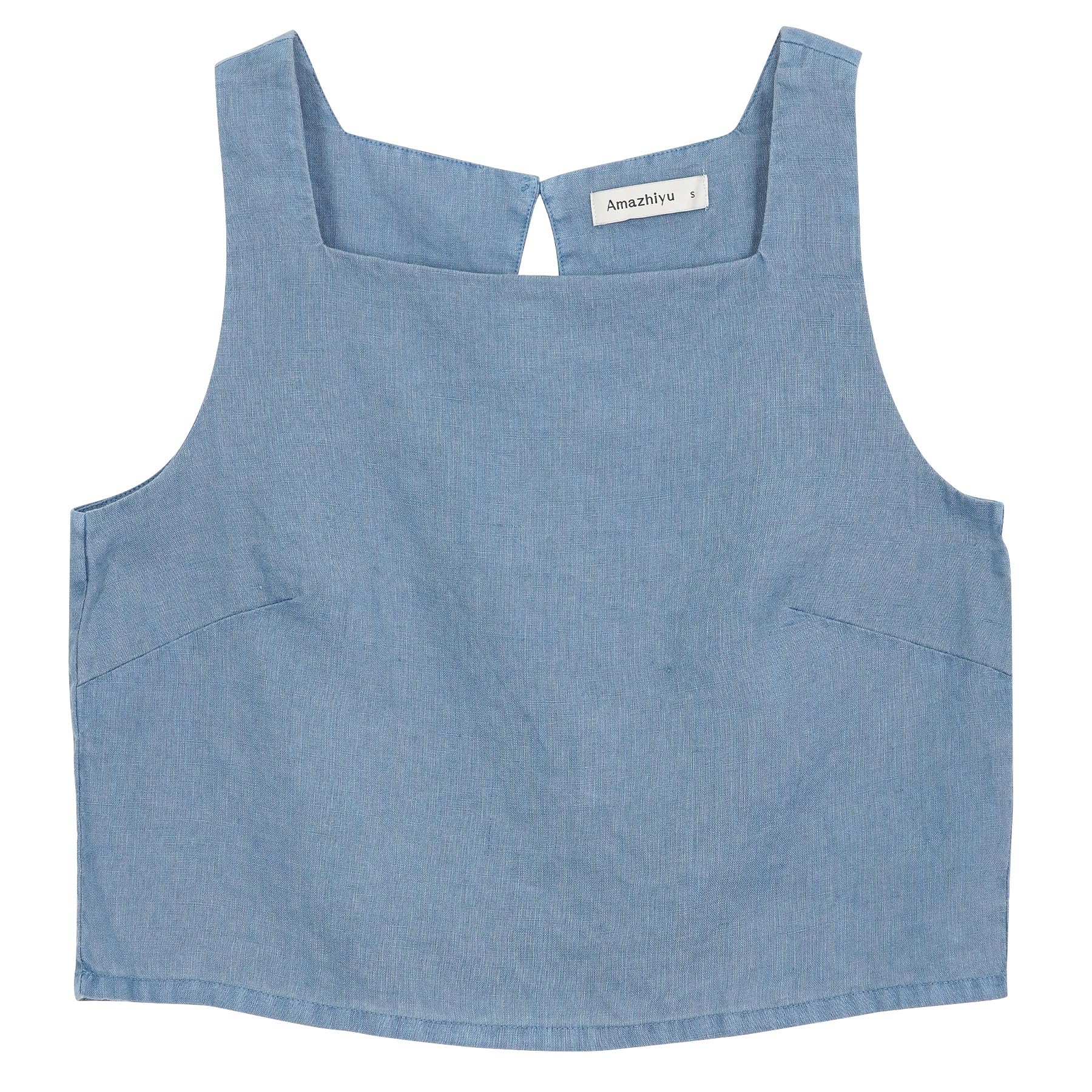 Amazhiyu Top da donna in 100% lino, casual, estivo, senza maniche, scollo quadrato, camicetta tinta a pianta per UK S-XL