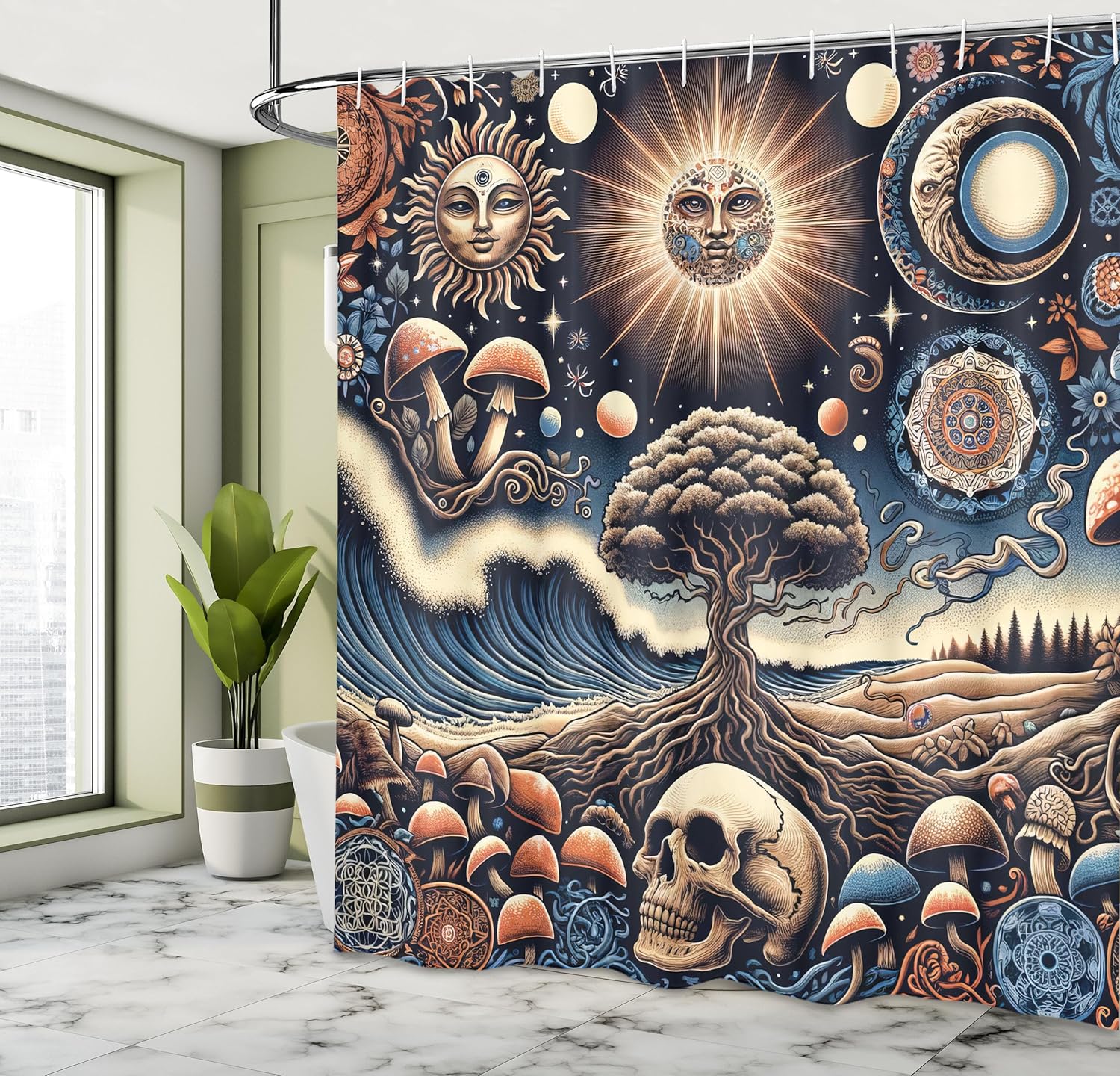 Ambesonne Bohemian Night Shower Curtain, Mushroom Ethnic Details Sun Waves Trees Psychic Style Art, Cloth Fabric Bathroom Decor Set with Hooks, 69" W x 75" L, Blue Eggshell and Dark Salmon