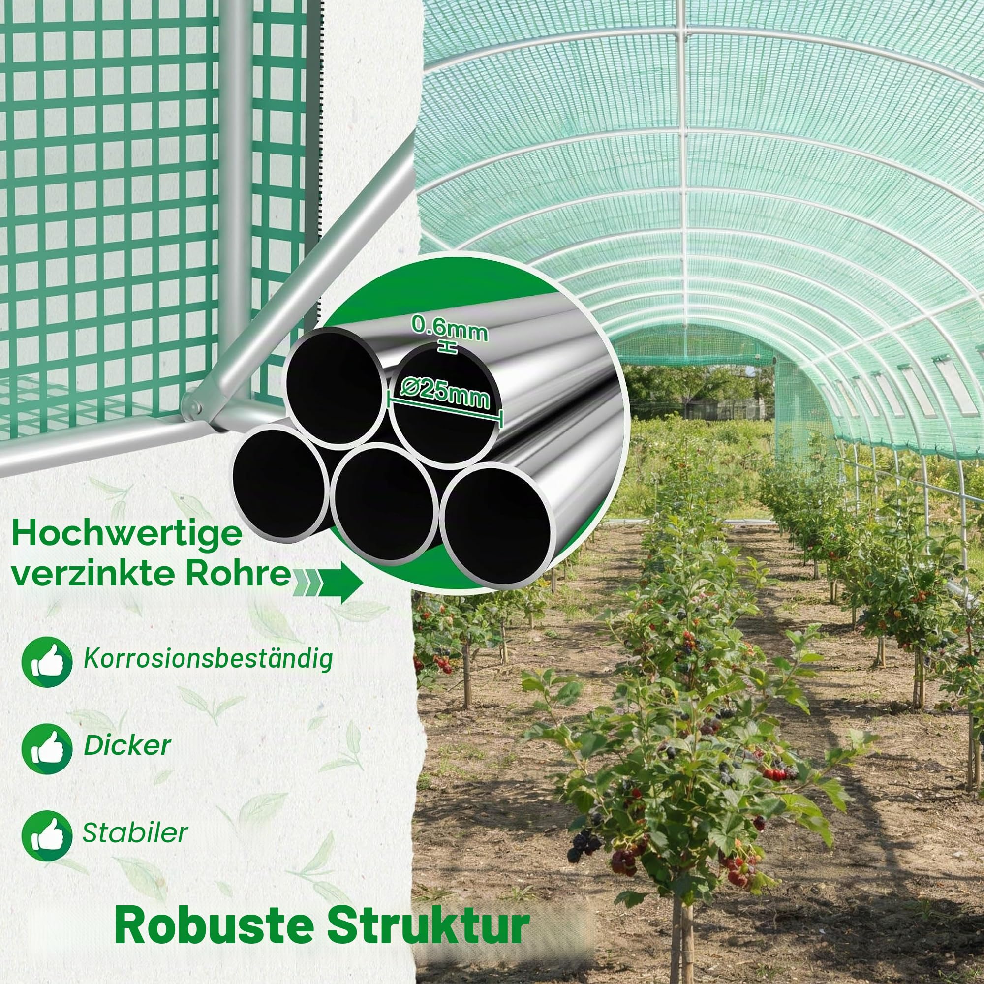 UISEBRT Gewächshaus Foliengewächshaus mit 2 Tür,16 Aufrollbare Fenster mit Moskitonetz,Folientunnel Tomatenhaus aus verzinktem Stahl, PE, Folienzelt inkl. Erdanker & Seilen,800x300x200cm