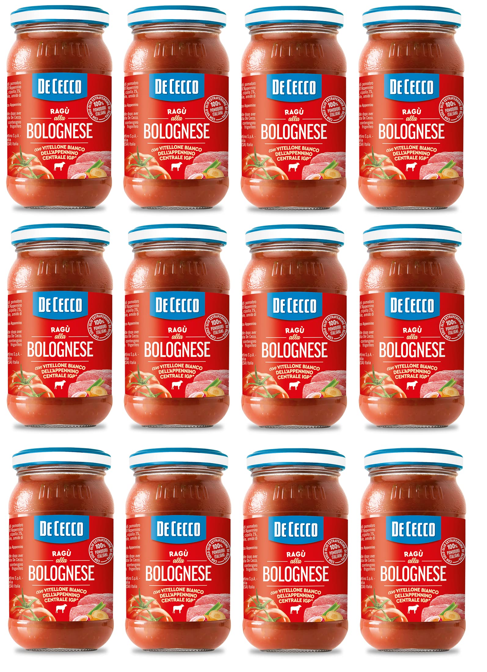 12x De Cecco Ragù alla Bolognese con Vitellone Bianco dell’Appenino Centrale IGP Sauce mit weißem Rindfleisch aus dem zentralen Apennin IGP mit 100% italienischen Tomaten 190g