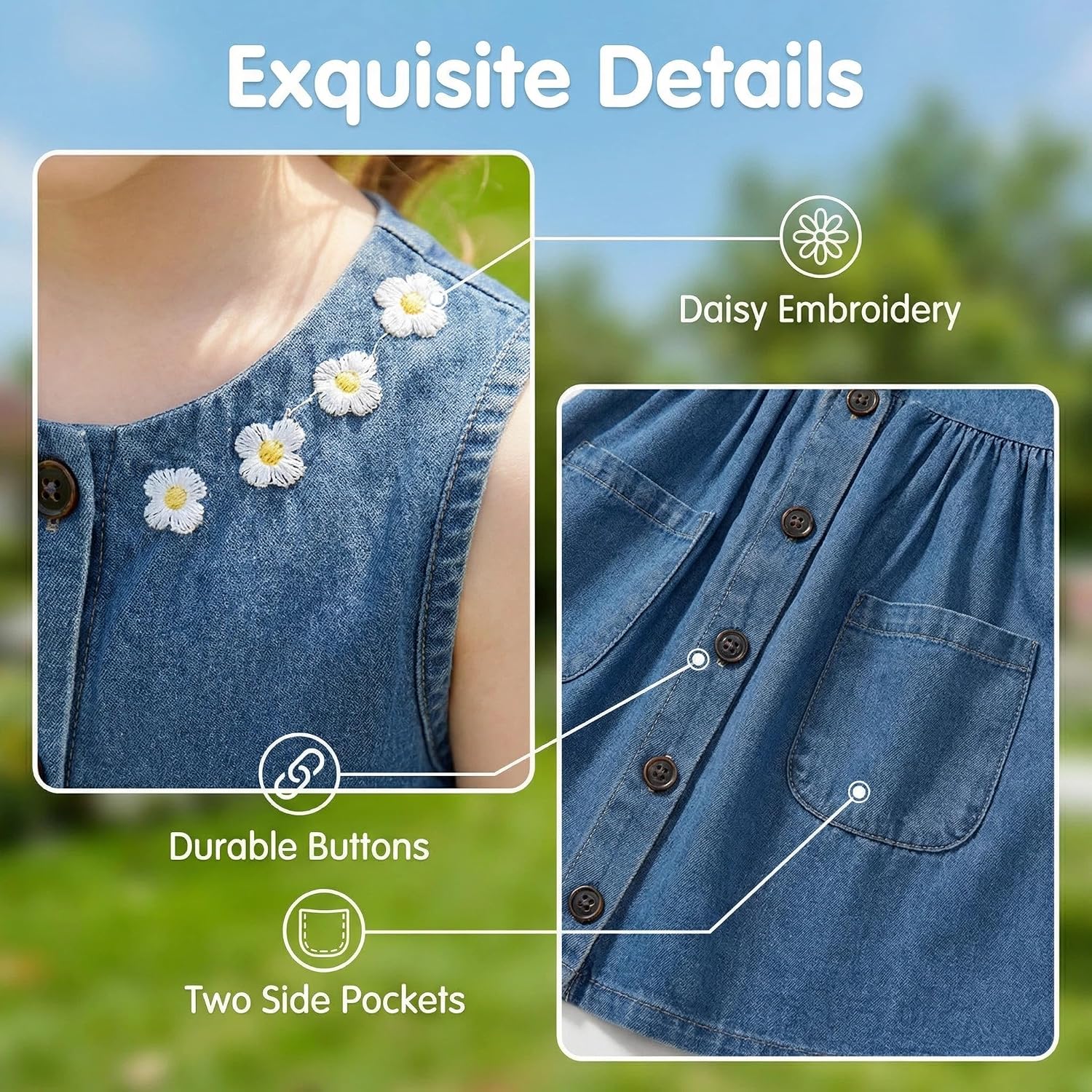 Girls Denim Dress, Toddler Sleeveless Dress, Soft A-Line Casual Summer Outfit for Baby Girls