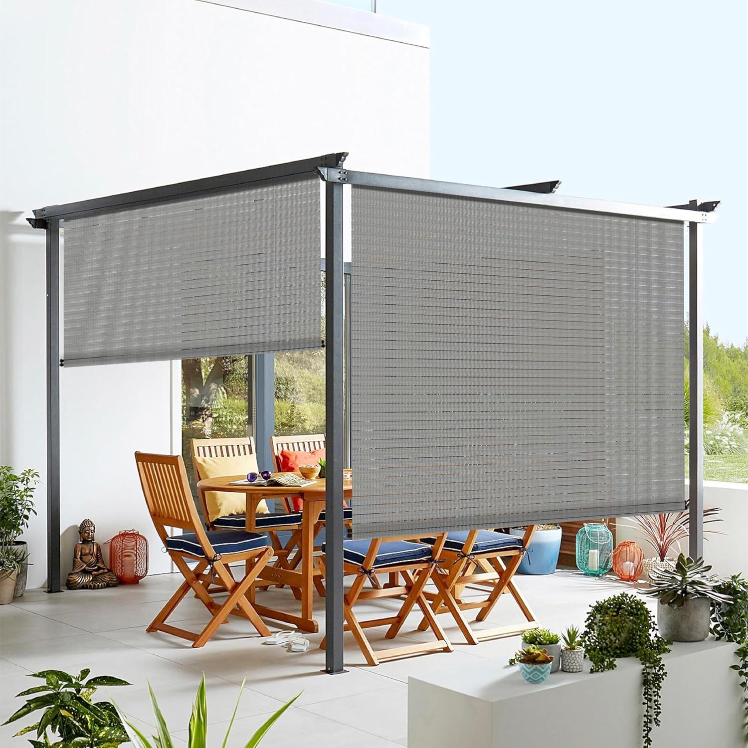Windscreen4less Outdoor Shade Blinds Patio Roll Up Blackout Shades Exterior Roller Privacy Screen for Pergola Balcony Porch Carport Deck Window, 4' W x 6.5' L Light Gray Hollow Out